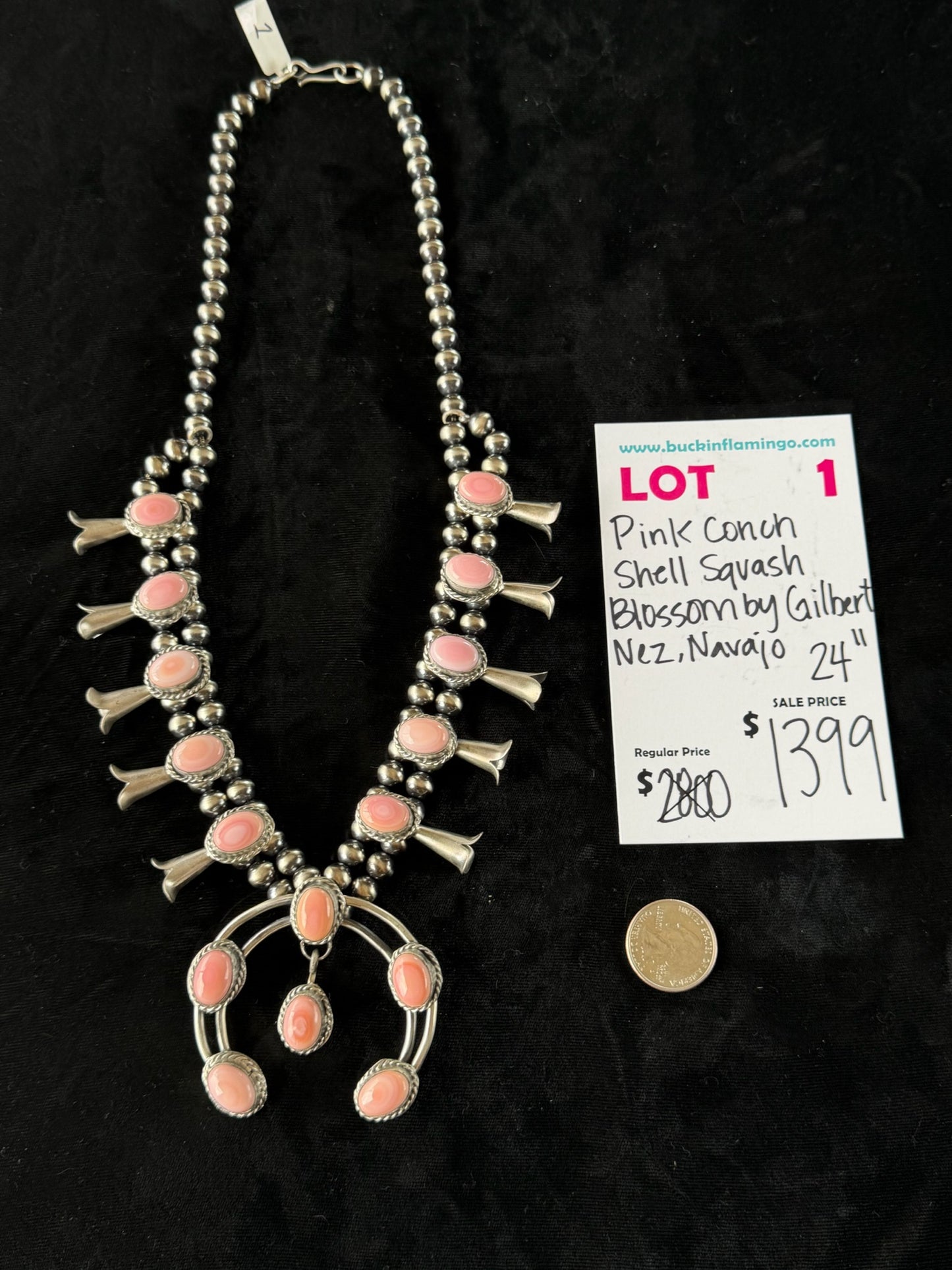 LOT 1 6/28 Pink Conch Shell Squash Blossom by Gilbert Nez, Navajo 24”