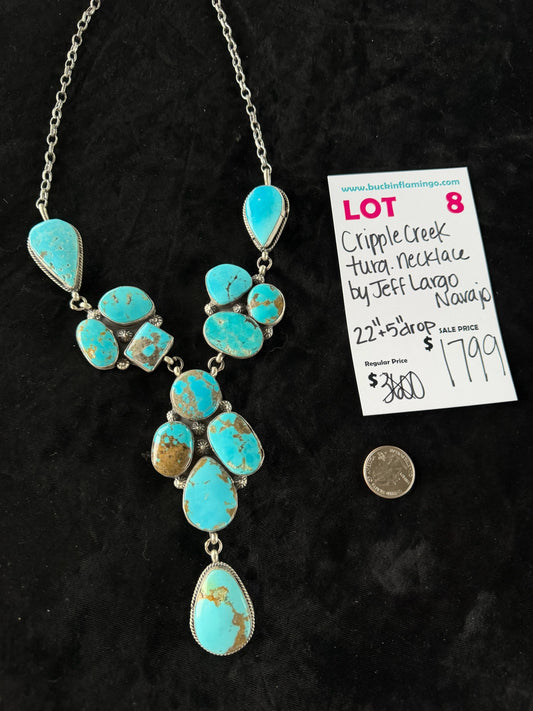 LOT 8 6/28 Cripple Creek Turquoise Necklace by Jeff Largo, Navajo 22”+5” Drop