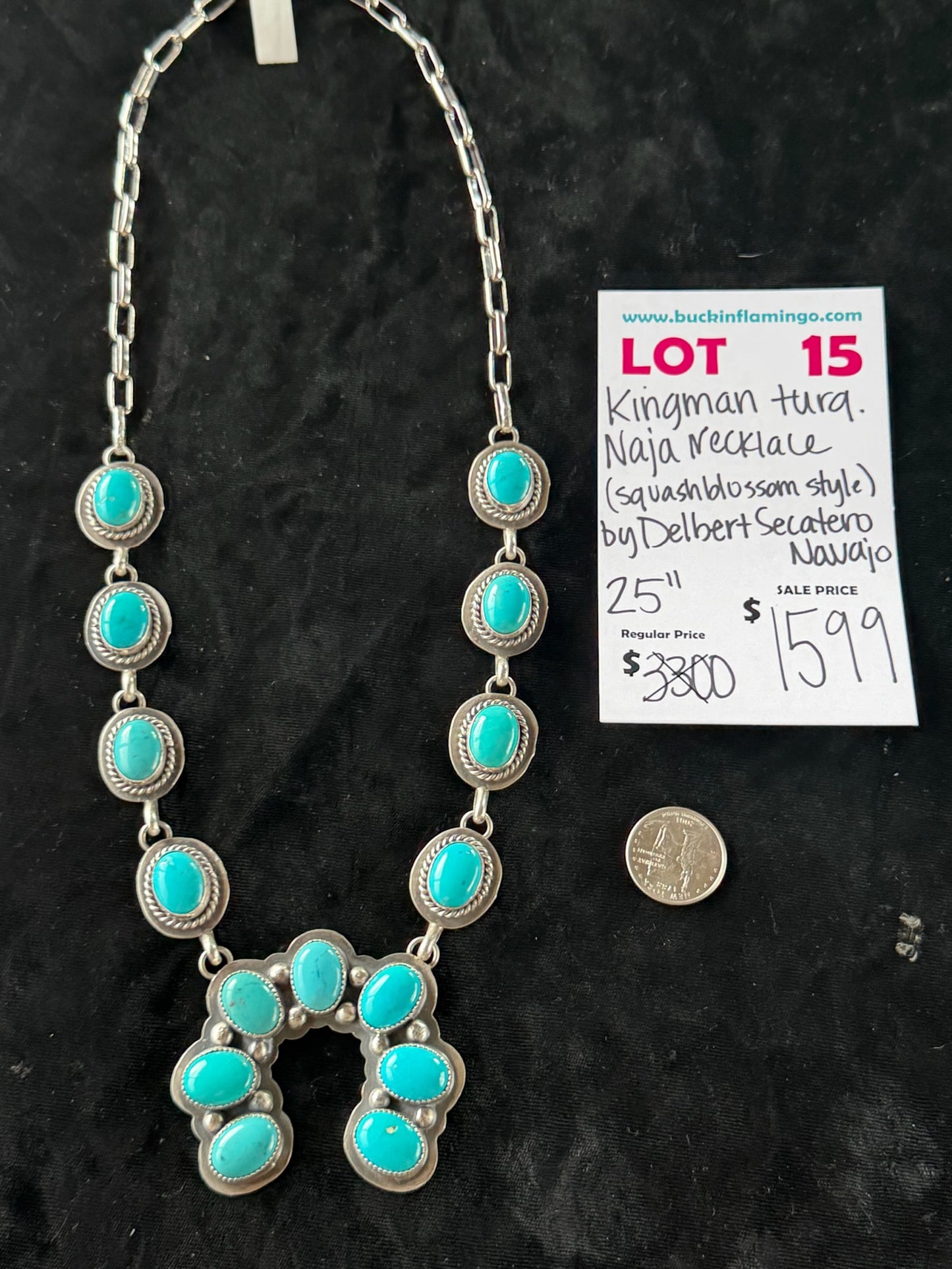 LOT 15 6/28 Kingman Turquoise Naja Necklace (25” Squash Blossom Style) by Delbert Secatero, Navajo