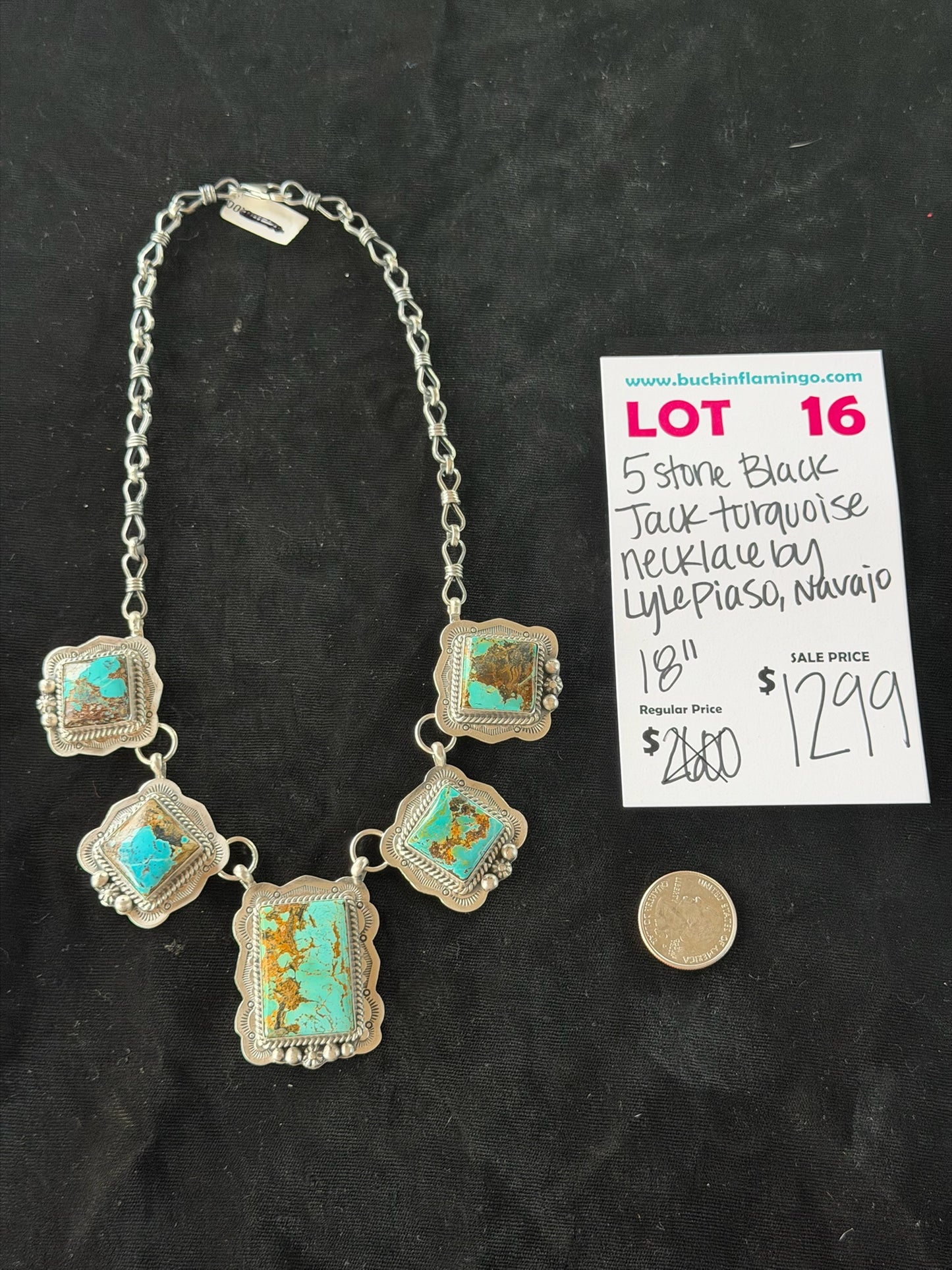 LOT 16 6/28 5 Stone Black Jack Turquoise Necklace 18” by Lyle Piaso, Navajo