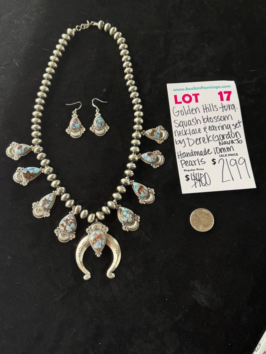 LOT 17 6/28 Golden Hills Turquoise Squash Blossom Necklace & Earring Set by Derek Gordon, Navajo Handmade Pearls 10mm