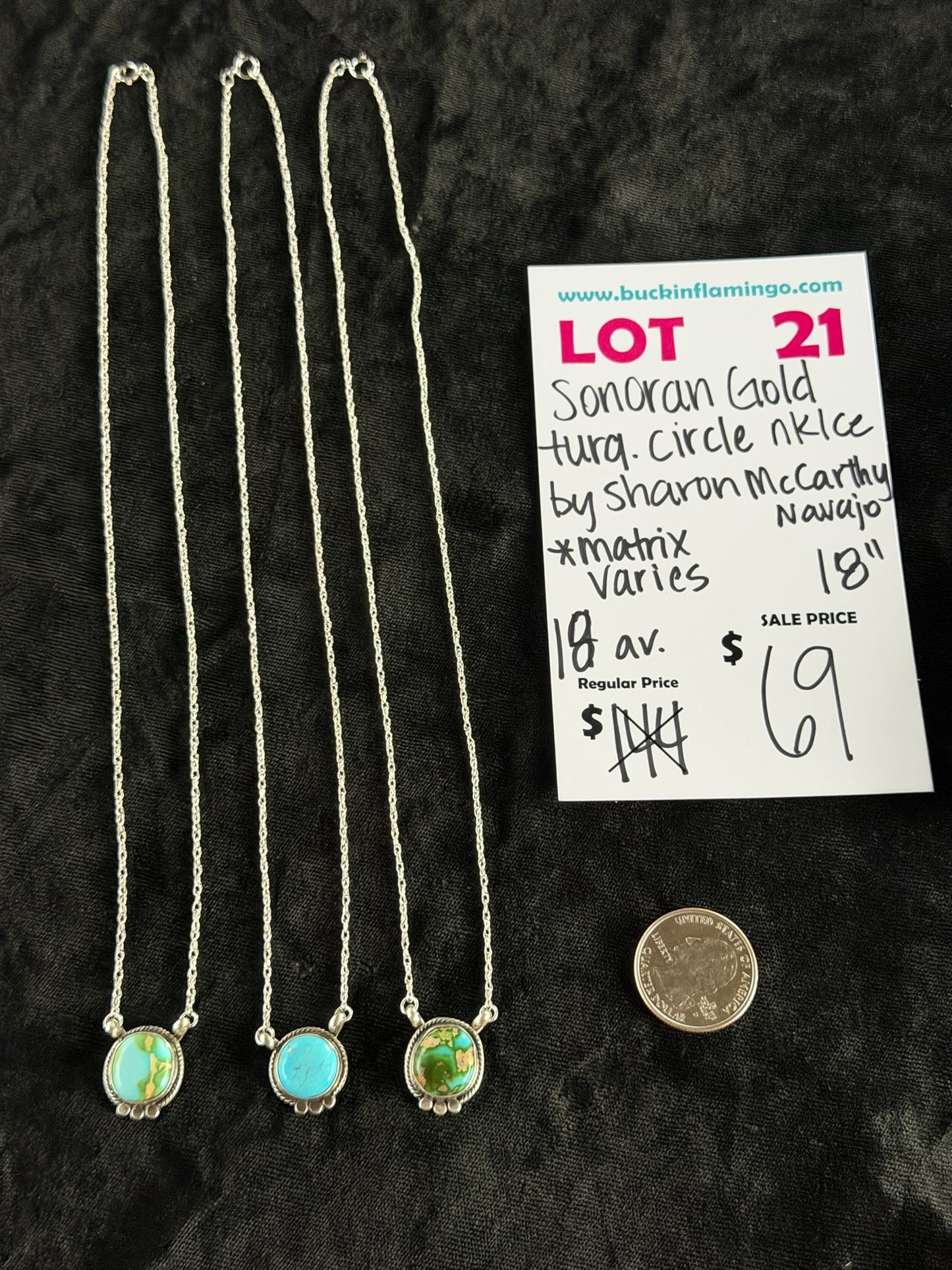 LOT 21 6/28 Sonoran Gold Turquoise Circle 18” Necklace by Sharon McCarthy, Navajo (Matrix Varies)