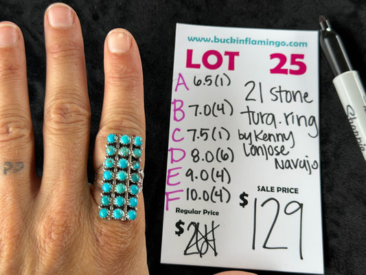 LOT 25 D 6/28 8.0 21 Stone Turquoise Ring by Kenny Lanjose, Navajo