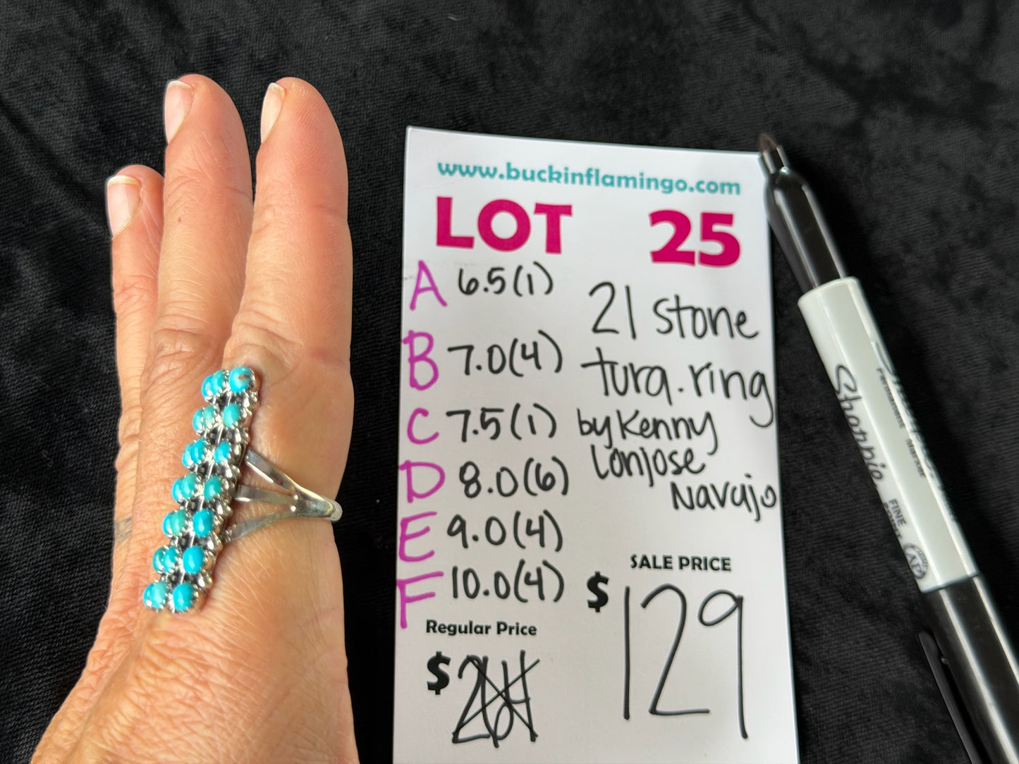 LOT 25 E 6/28 9.0 21 Stone Turquoise Ring by Kenny Lanjose, Navajo