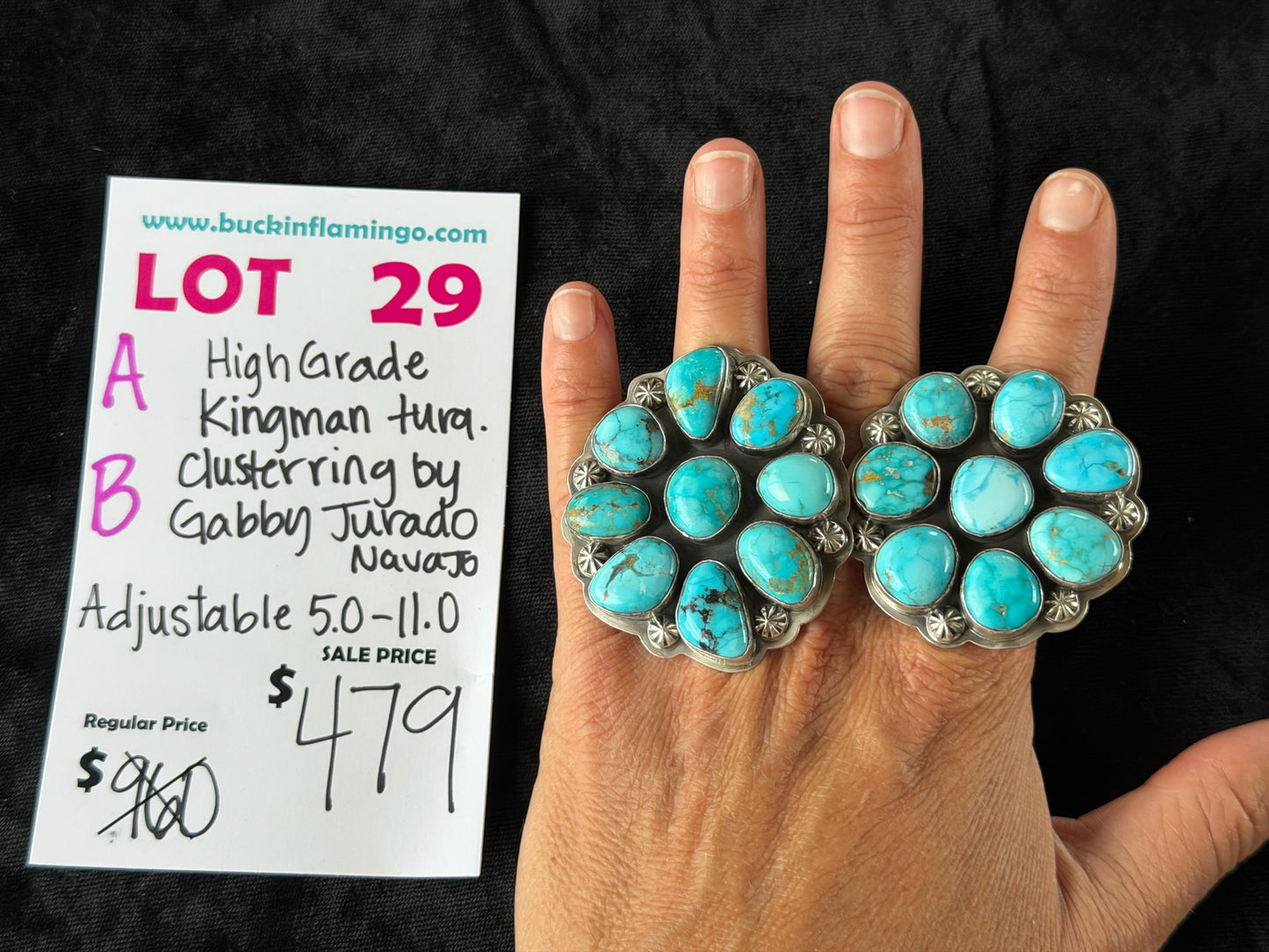 LOT 29 A High Grade Kingman Turquoise Cluster Adjustable Ring 5.0-11.0 by Gabby Jurado, Navajo