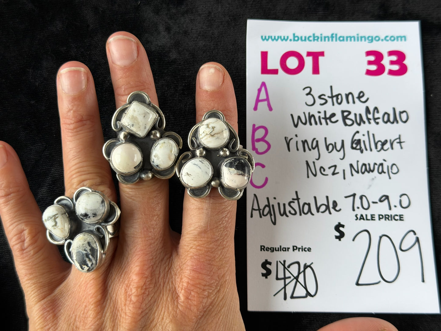LOT 33 B 6/28 3 Stone White Buffalo Ring by Gilbert Nez, Navajo Adjustable 7.0-9.0