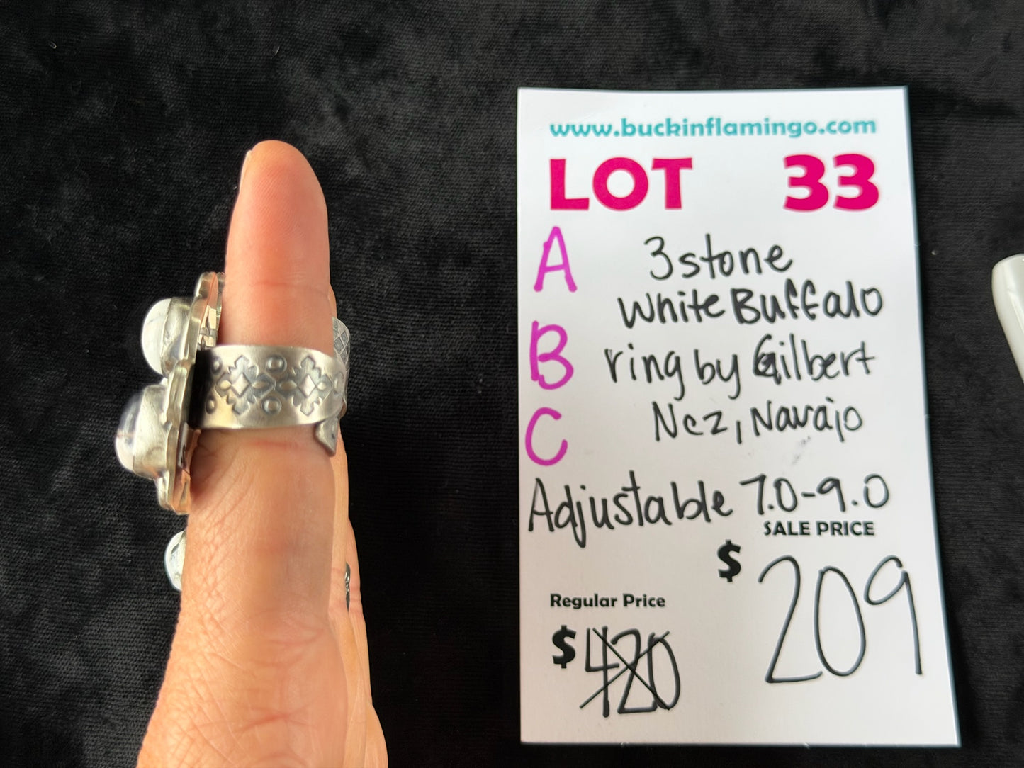LOT 33 B 6/28 3 Stone White Buffalo Ring by Gilbert Nez, Navajo Adjustable 7.0-9.0