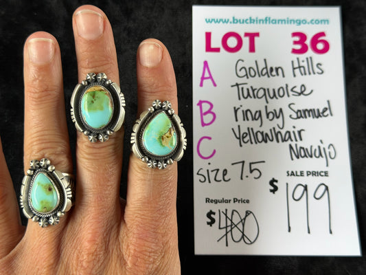 LOT 36 C 6/28 7.5 Golden Hills Turquoise Ring by Samuel Yellowhair, Navajo