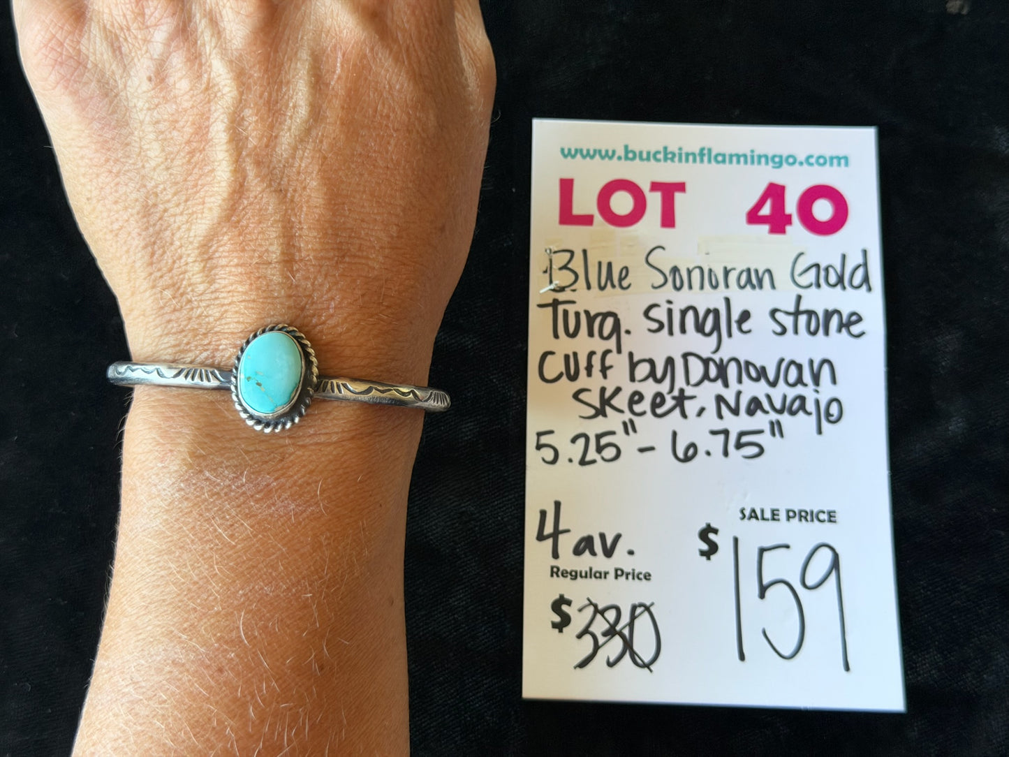 LOT 40 6/28 Blue Sonoran Gold Turquoise Single Stone Cuff by Donovan Skeet, Navajo 5.25”-6.75”