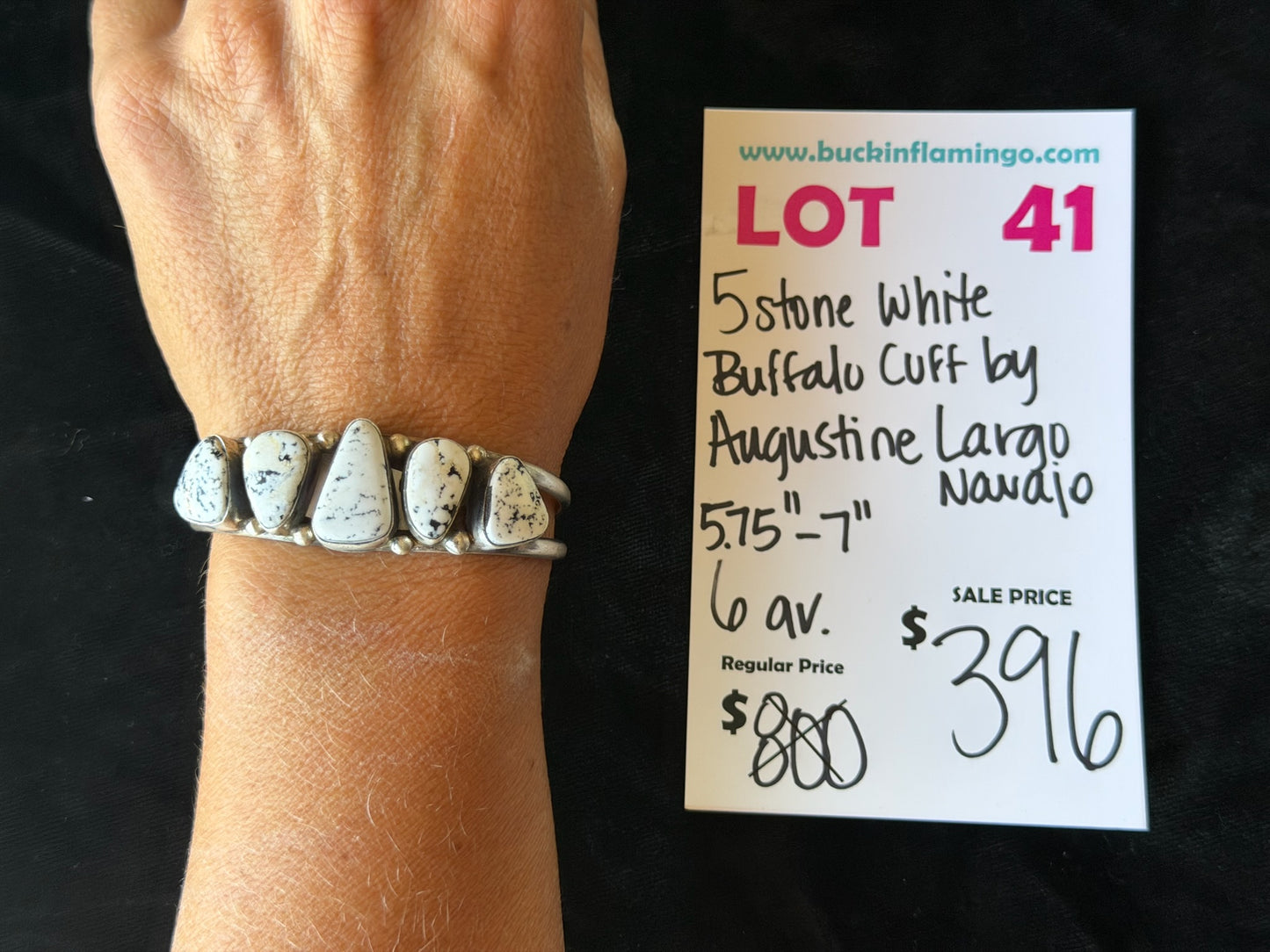 LOT 41 6/28 5 Stone White Buffalo Cuff by Augustine Largo, Navajo 5.75”-7”