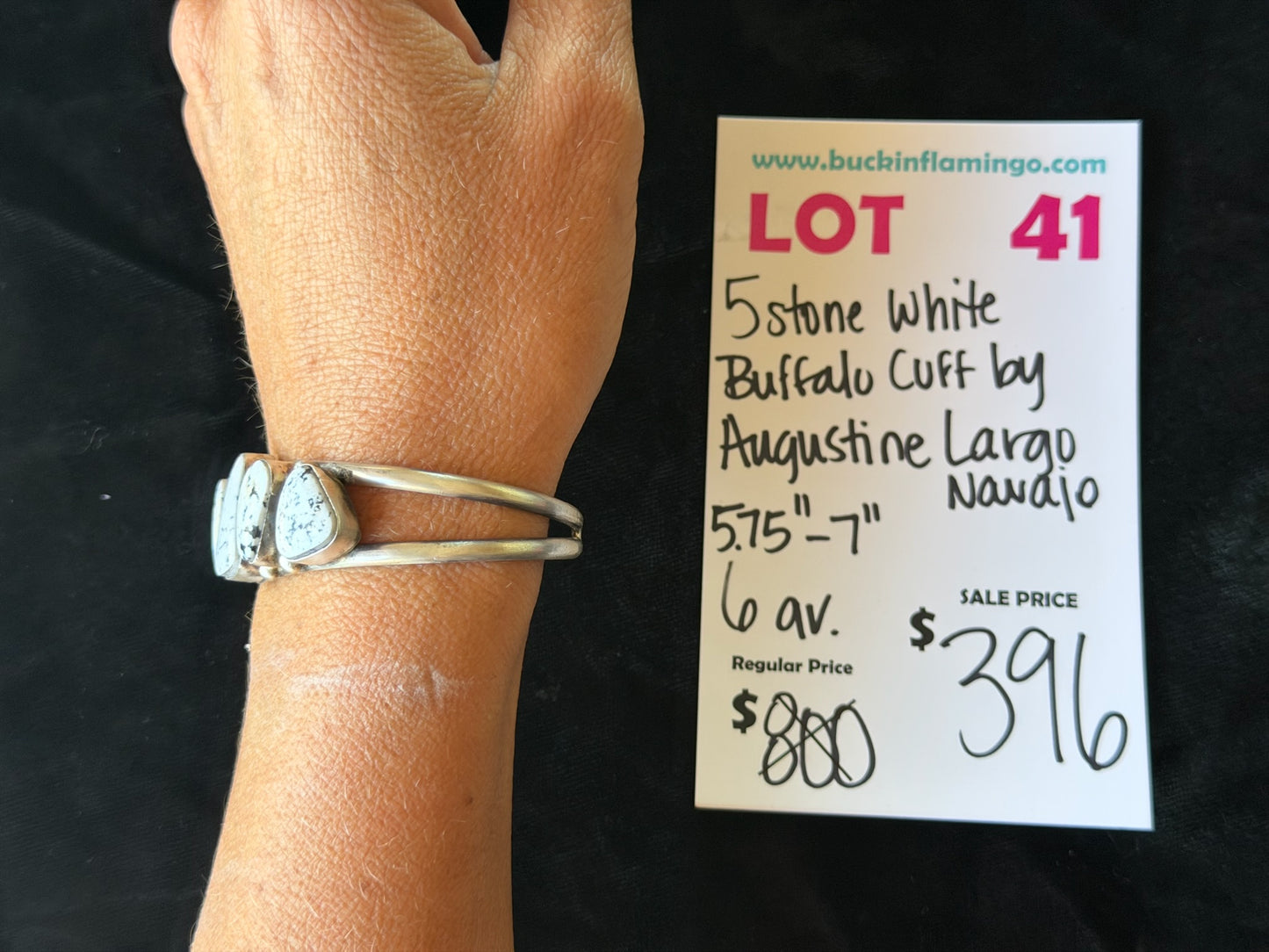 LOT 41 6/28 5 Stone White Buffalo Cuff by Augustine Largo, Navajo 5.75”-7”