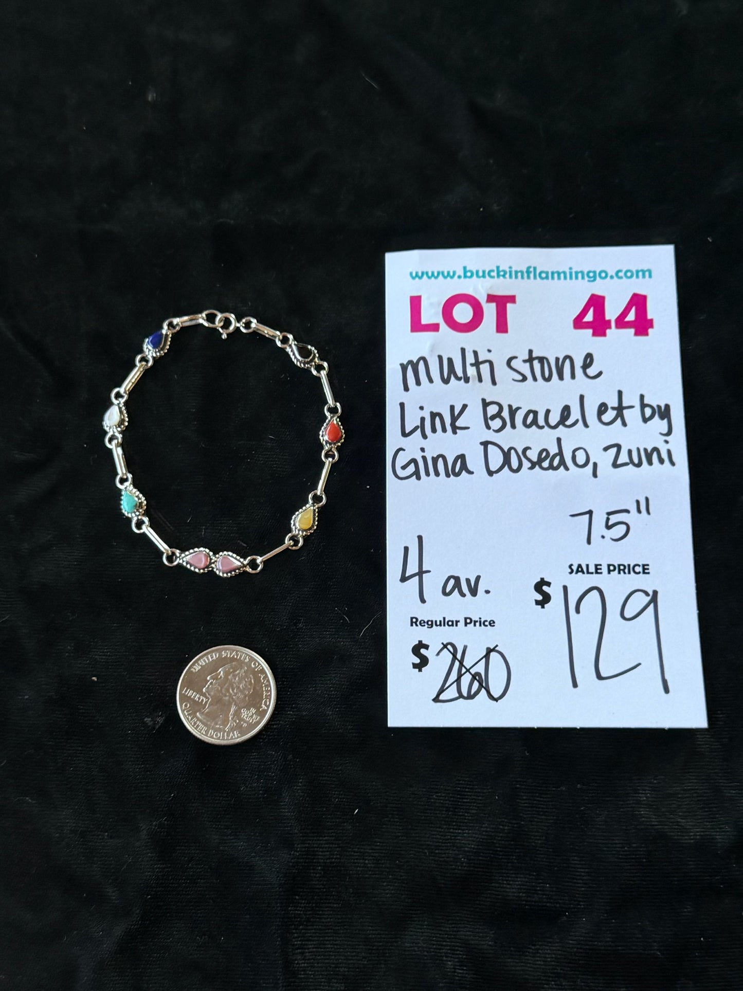 LOT 44 6/28 Multi Stone Link Bracelet by Gina Dosedo, Zuni 7.5”