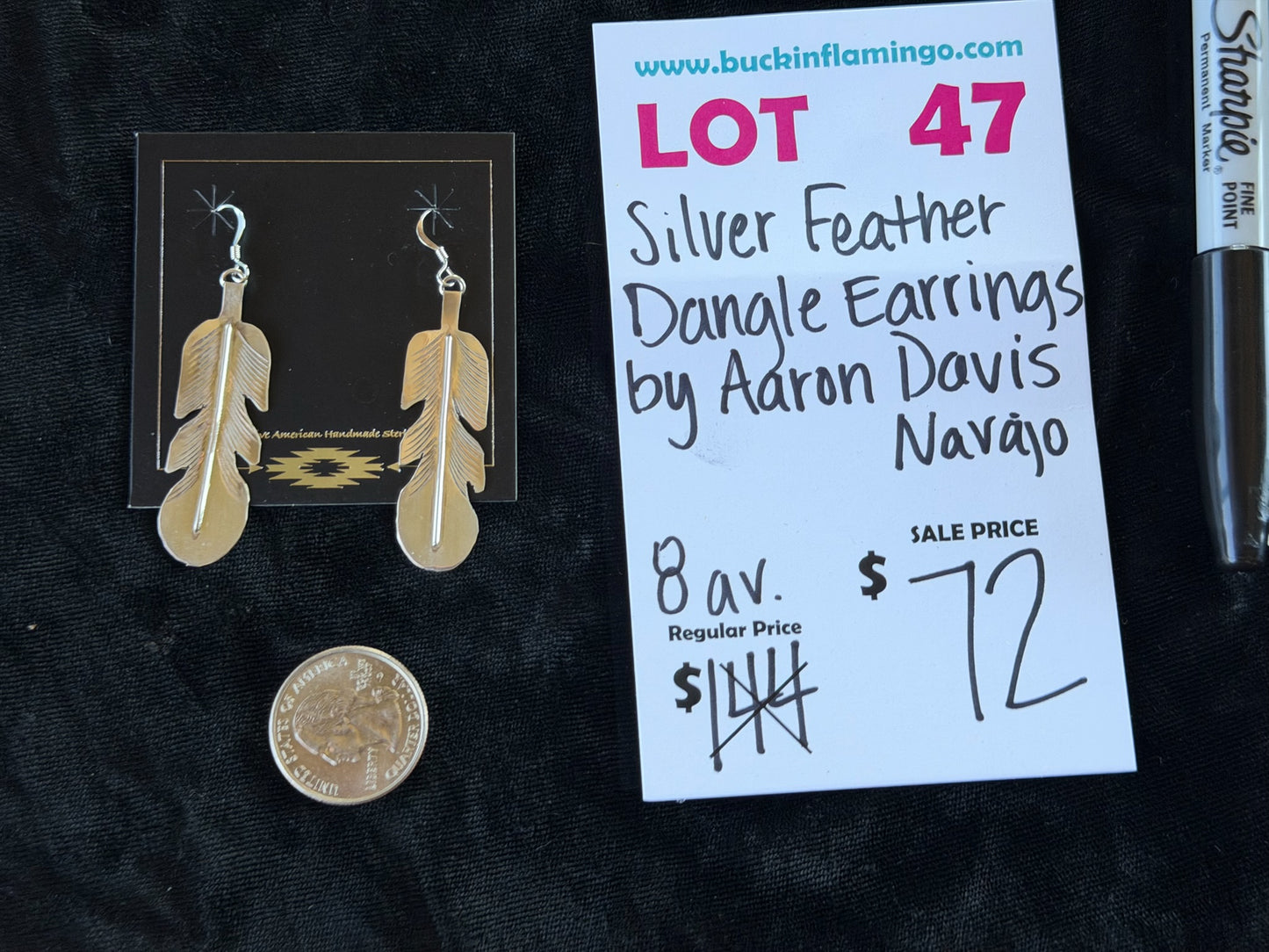 LOT 47 6/28 Silver Feather Dangle Earrings by Aaron Davis, Navajo