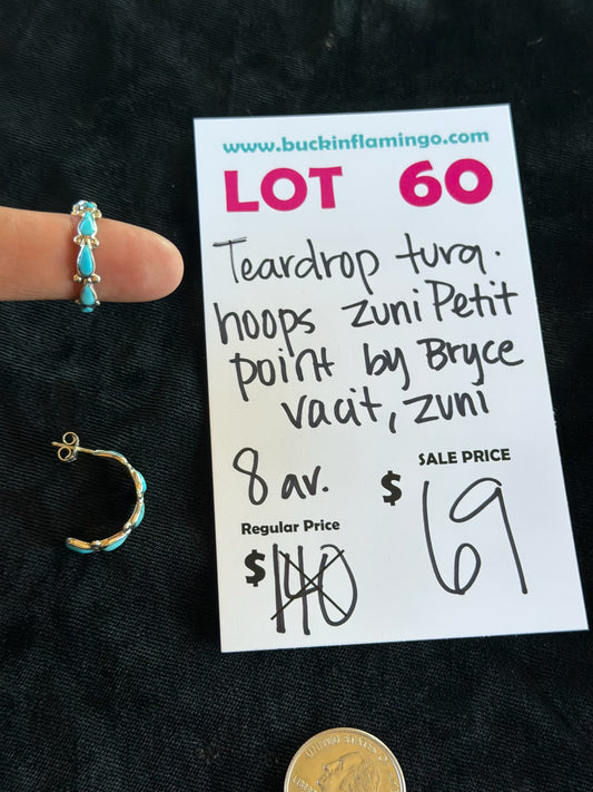 LOT 60 6/28 Teardrop Turquoise Hoops Zuni Petit Point by Bryce Vacie, Zuni