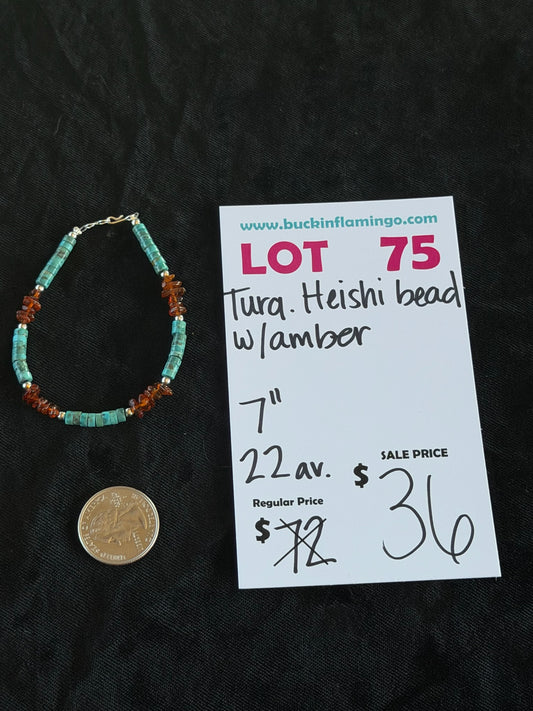 LOT 75 6/28 Turquoise Heishi Bead W/Amber 7”