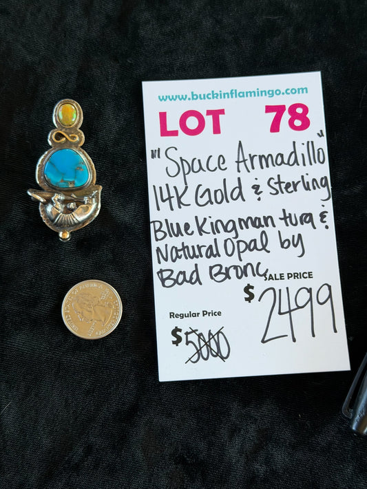 LOT 78 6/28 “Space Armadillo” 14k Gold & Sterling Blue Kingman Turquoise & Natural Opal by Bad Bronc