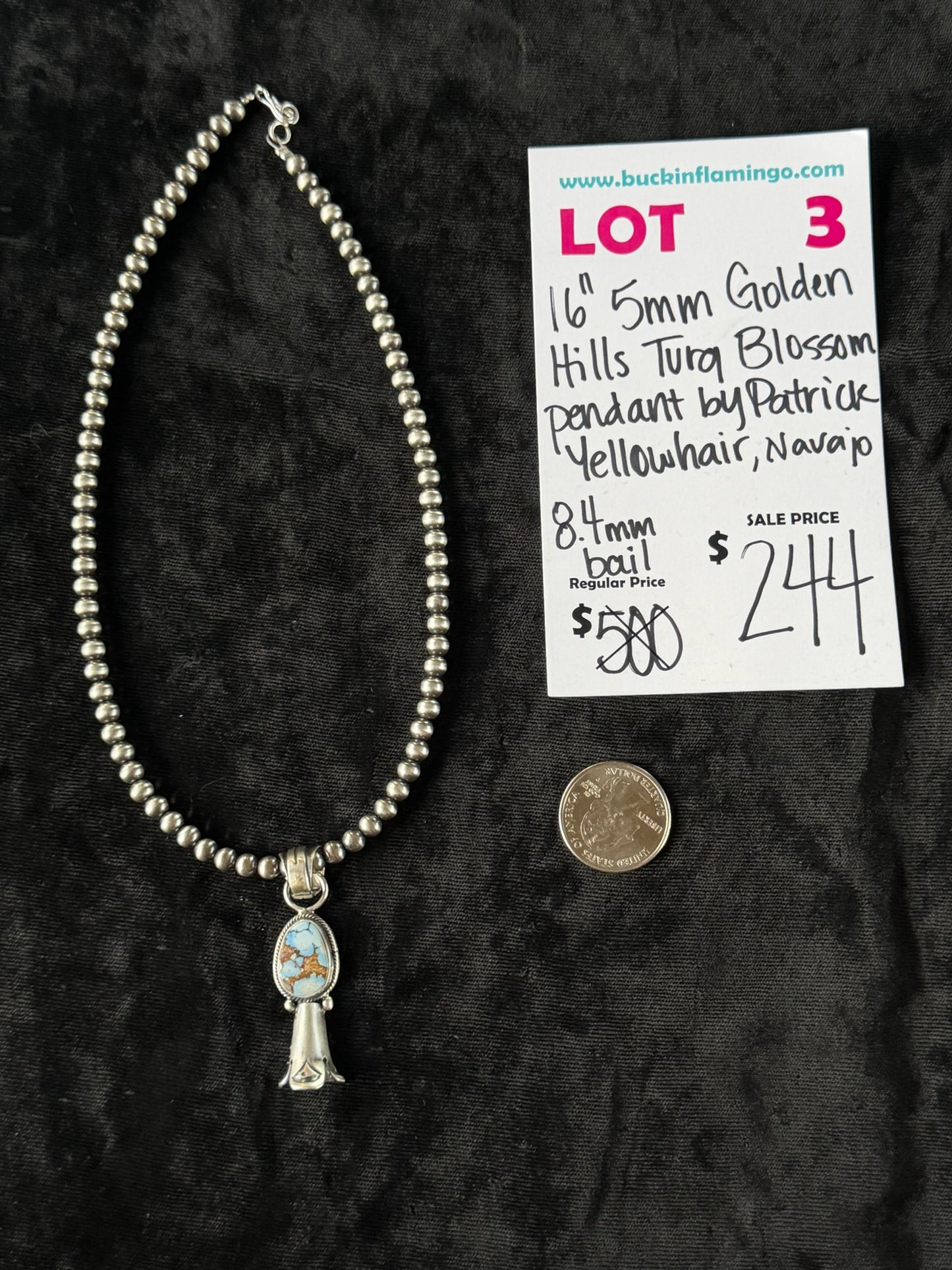 LOT 3 7/5 16” 5MM Golden Hills Turquoise Blossom Pendant by Patrick Yellowhair, Navajo