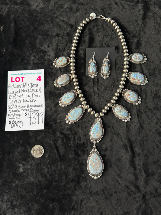 LOT 4 7/5 Golden Hills Turquoise Lariat Necklace & Earring Set by Tom Lewis, Navajo 10” 9.5mm Handmade Navajo Pearls 5” Drop
