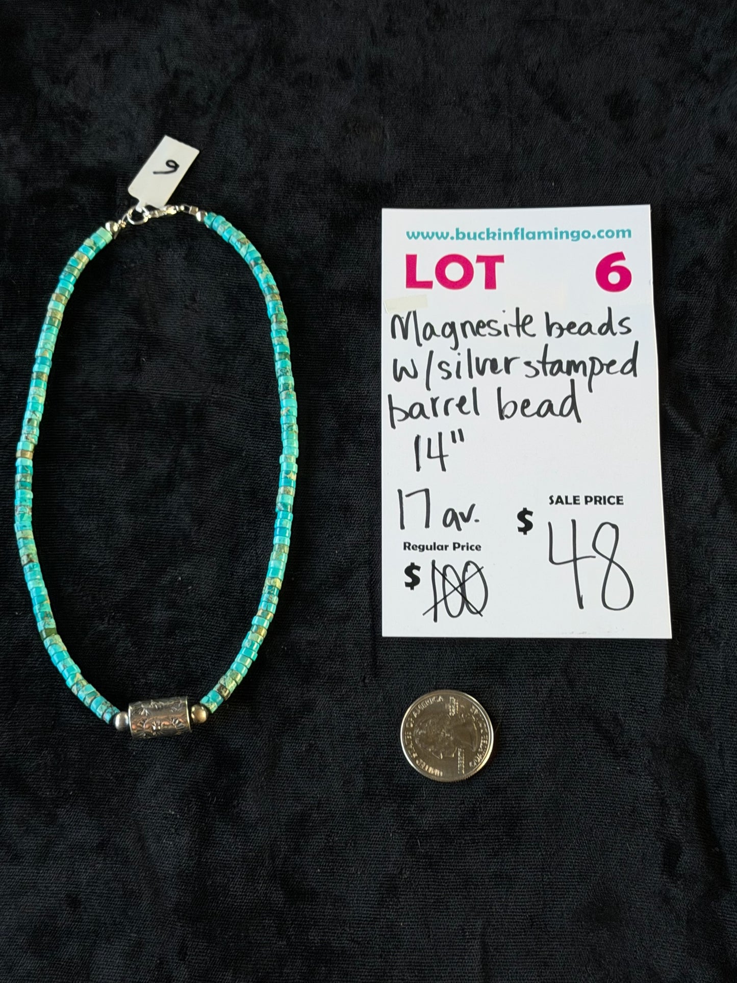 LOT 6 7/5 Magnesite Beads W/Silver Stamped Barrel Bead 14”