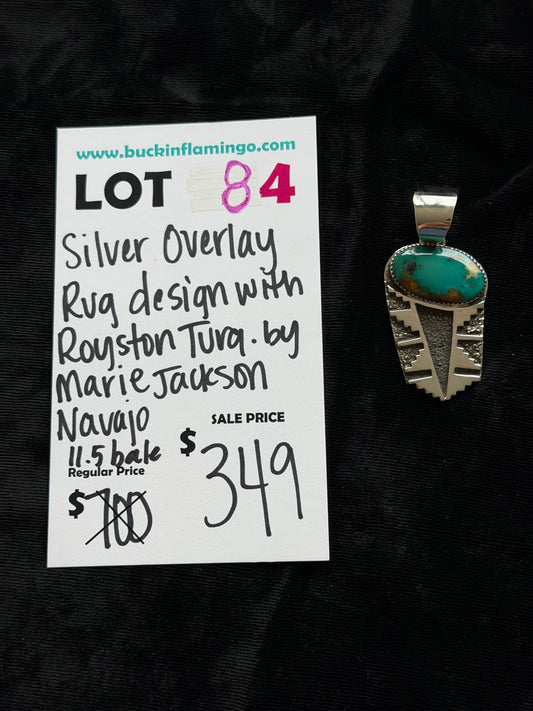 LOT 84 6/28 Silver Overlay Rug Design with Royston Turquoise by Marie Jackson, Navajo 11.5mm Bale