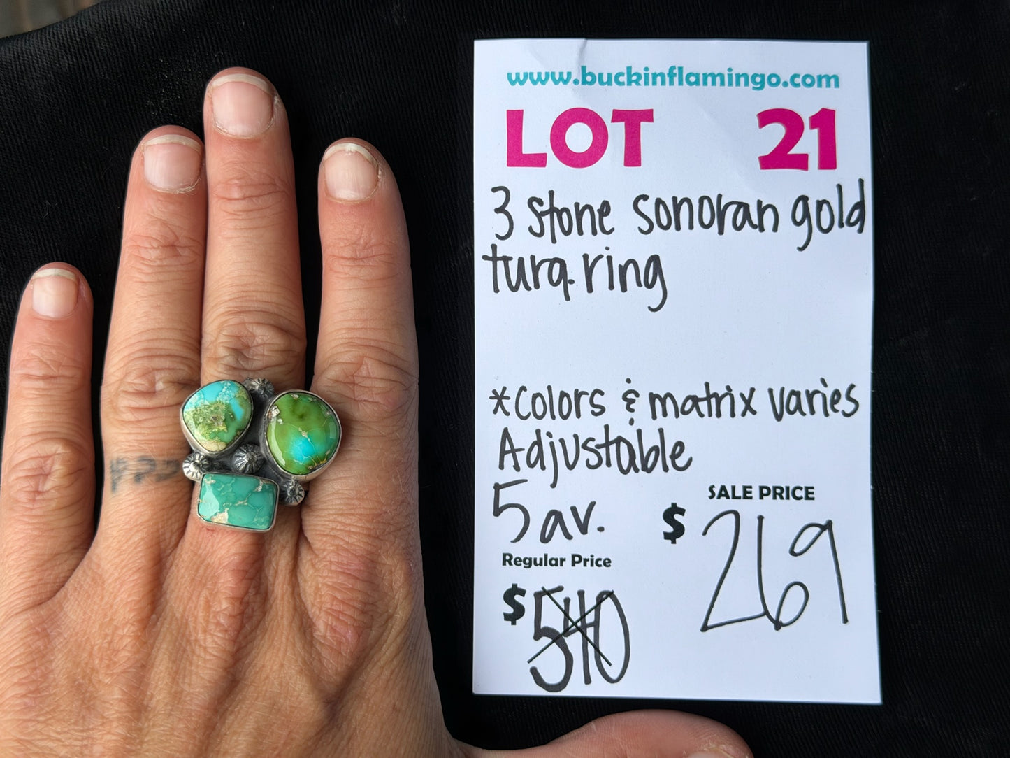 LOT 21 7/5 3 Stone Sonoran Gold Turquoise Adjustabe Ring