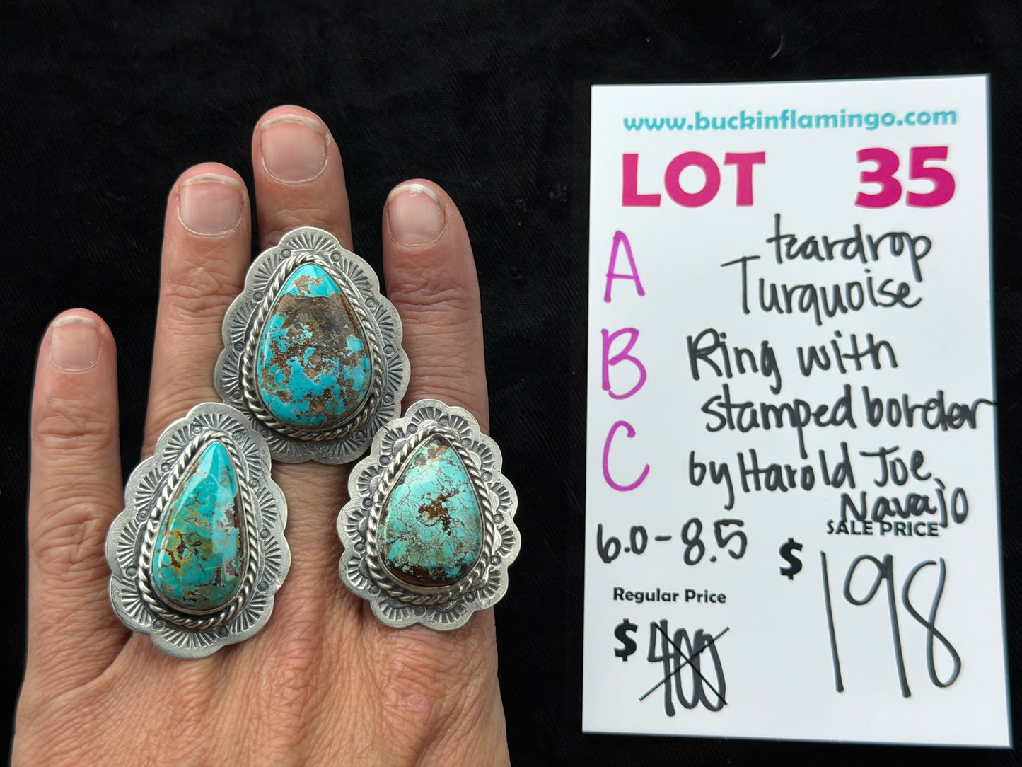 LOT 35 B 7/5 Teardrop Adjustable 6.0-8.5 Turquoise Ring with Stamped Border by Harold Joe