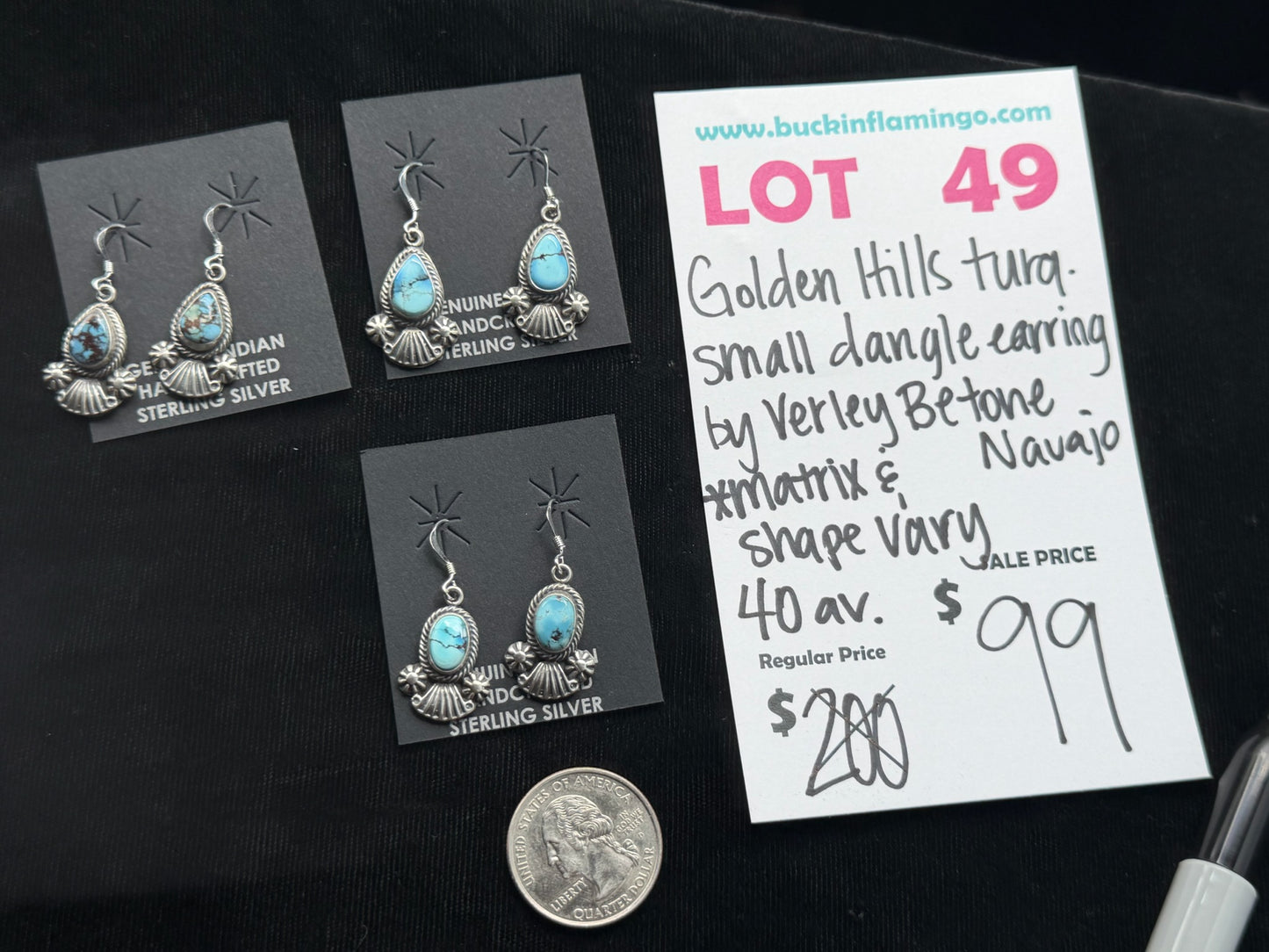 LOT 49 7/5 Golden Hills Turquoise Small Dangle Earrings by Verley Betone, Navajo