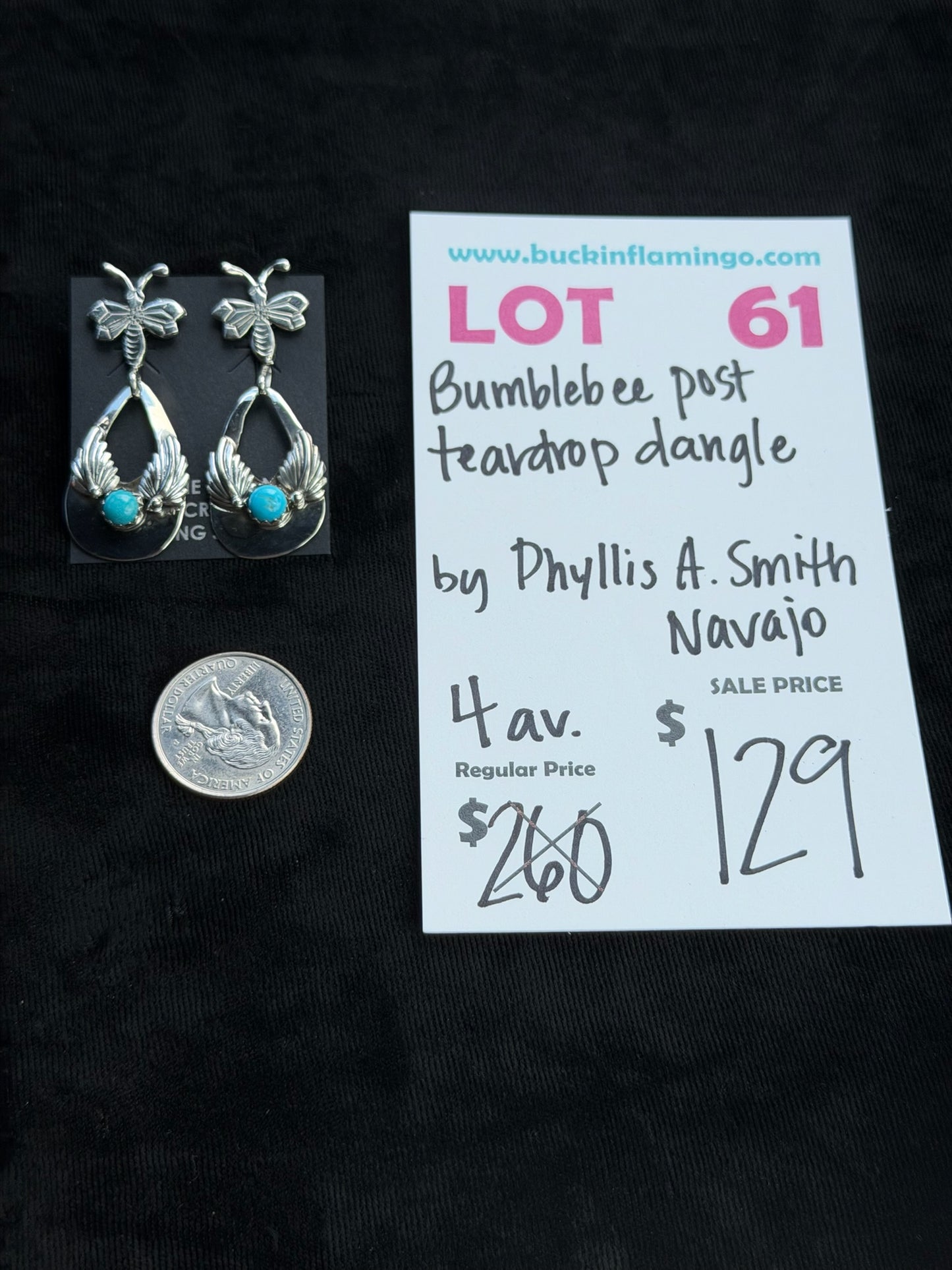 LOT 61 7/5 Bumblebee Post Teardrop Dangle by Phyllis A. Smith, Navajo