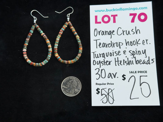 LOT 70 7/5 Orange Crush Teardrop Hooker Turquoise & Spiny Oyster Heishi Beads