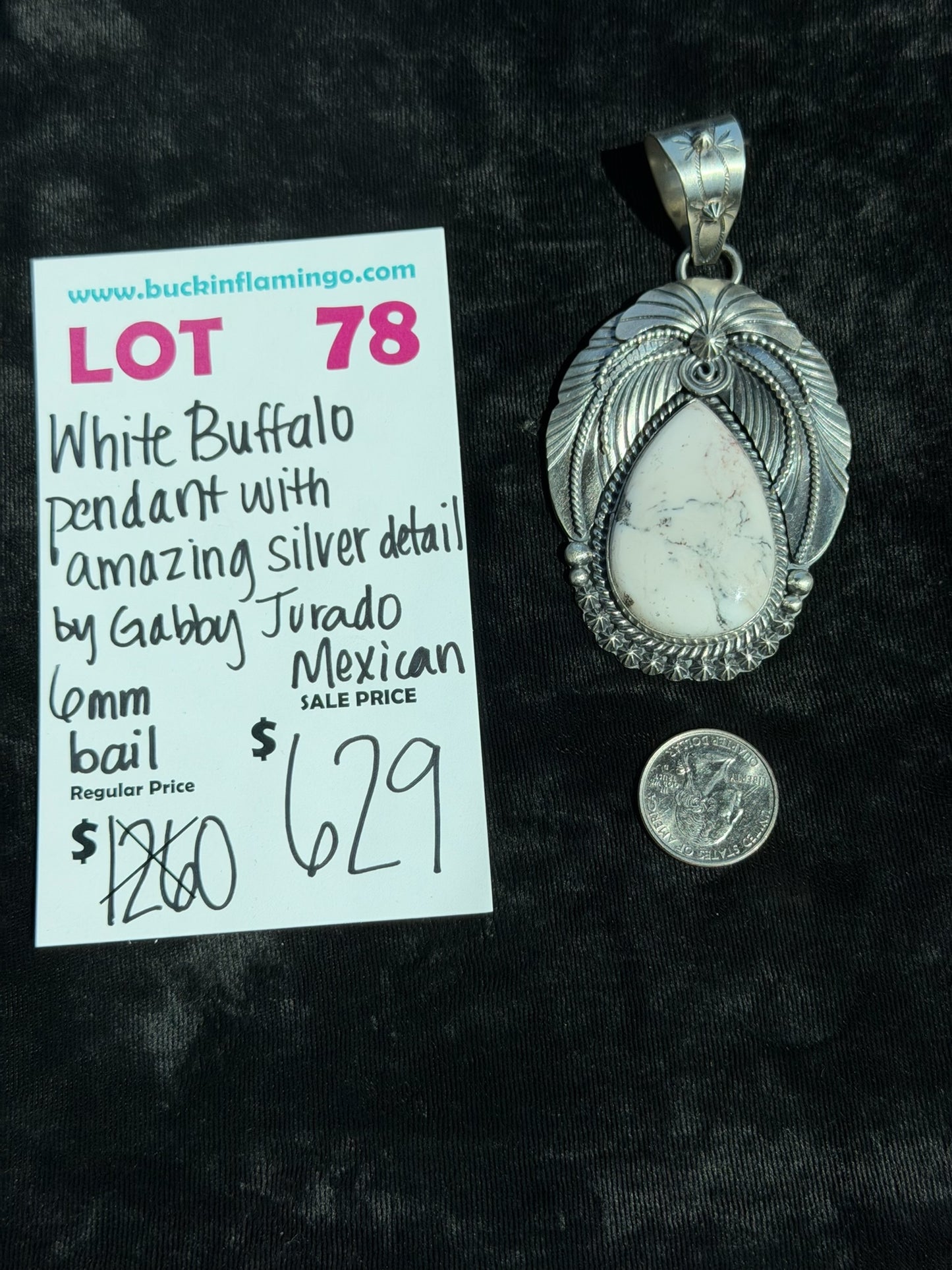 LOT 78 7/5 White Buffalo Pendant with Amazing Silver Detail by Gabby Jurado, Mexican 6mm Bail