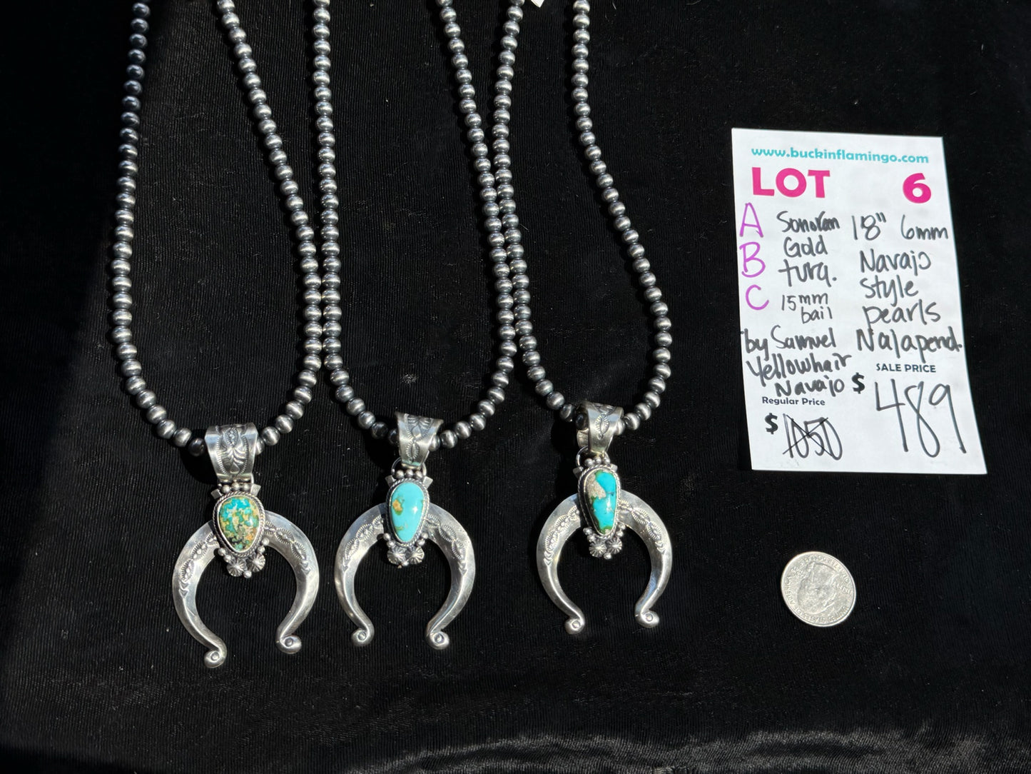 LOT 6 C 7/12 Sonoran Gold Turquoise Naja Pendany by Samuel Yellowhorse, Navajo on 18” 6mm Navajo Style Pearls