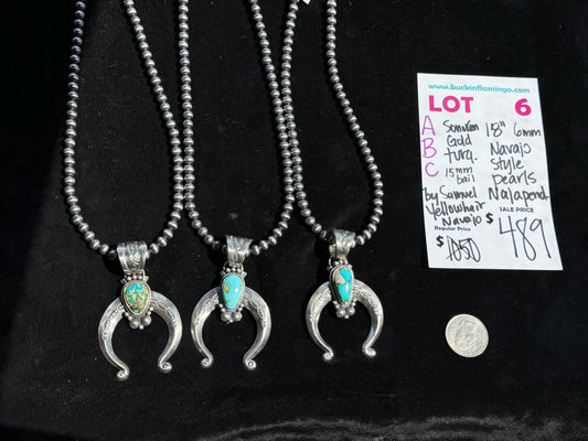 LOT 6 C 7/12 Sonoran Gold Turquoise Naja Pendany by Samuel Yellowhorse, Navajo on 18” 6mm Navajo Style Pearls