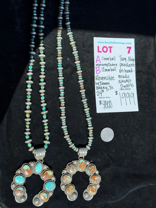 LOT 7 B 7/12 12mm Bail Mercury Dimes Turquoise Naja Pendant on 24” Handmade Navajo Pearls Reversible by James Begay, Jr., Navajo