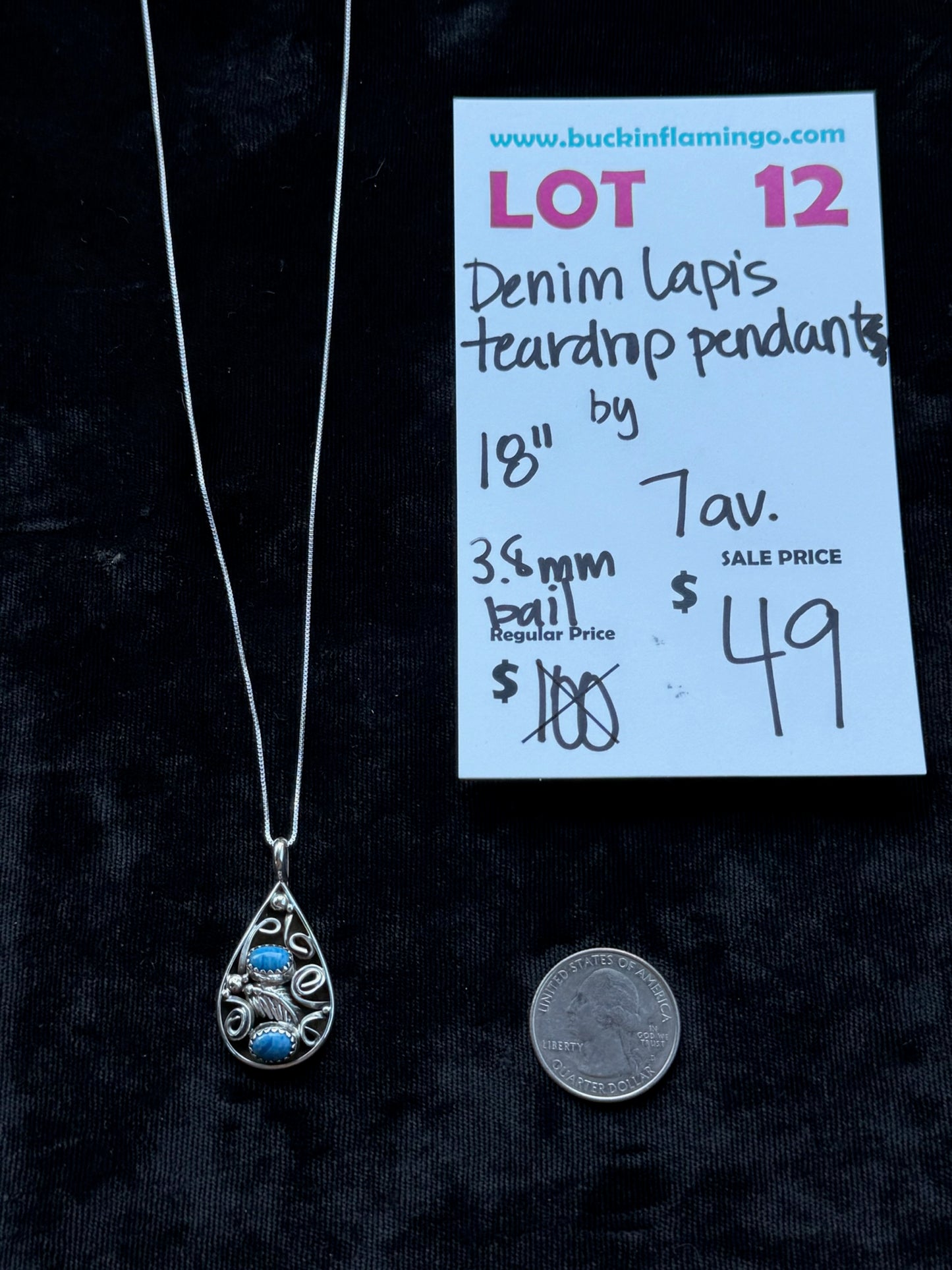 LOT 12 7/12 Denim Lapis Teardrop Pendants on 18” 3.8mm bail