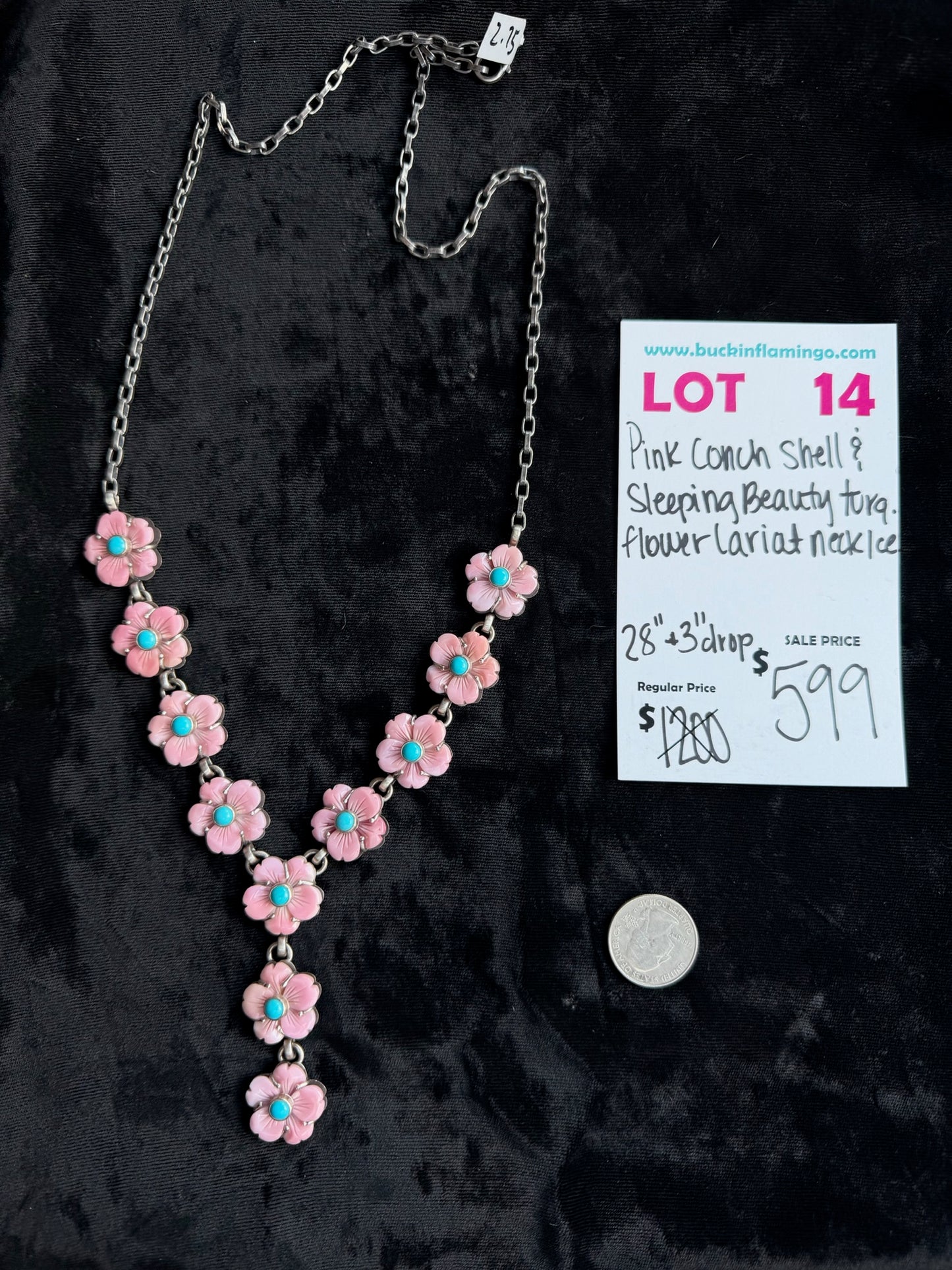 LOT 14 7/12 Pink Conch Shell & Sleeping Beauty Turquoise Flower Lariat Necklace 28”+3” Drop