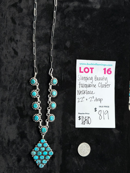 LOT 16 7/12 Sleeping Beauty Turquoise Cluster Necklace 22”+2” Drop