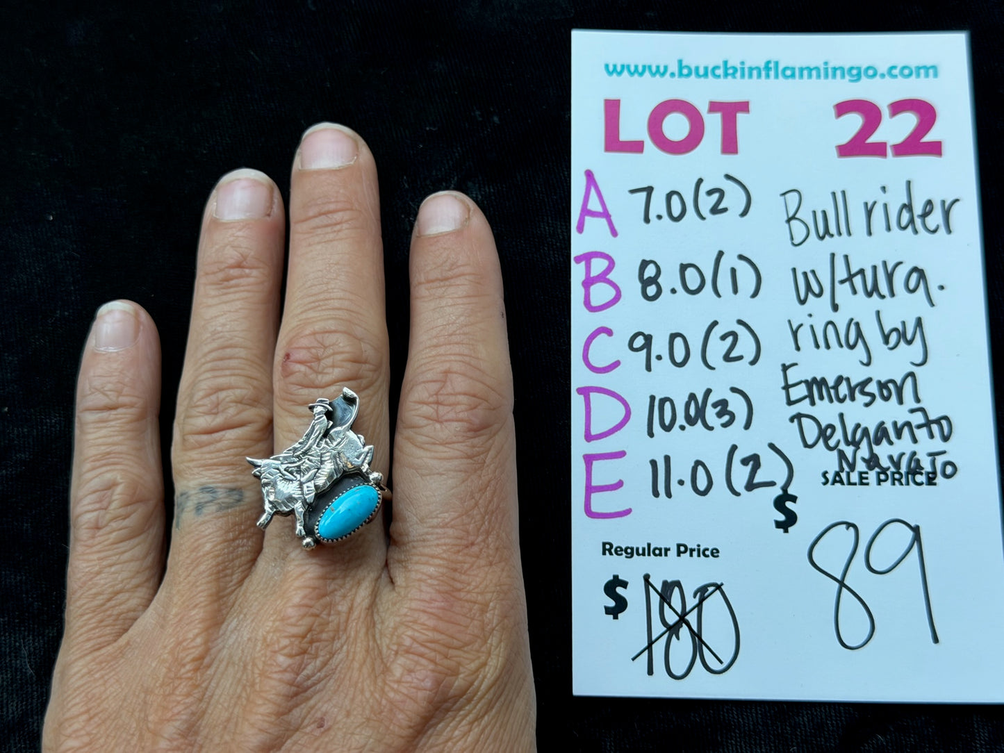 LOT 22 E 7/12 11.0 Bull Rider W/Turquoise Ring by Emerson Delgarito, Navajo