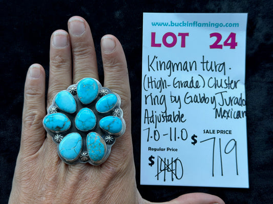 LOT 24 7/12 Kingman Turquoise (High Grade) Cluster Adjustable Ring 7.0-11.0by Gabby Jurado, Mexican
