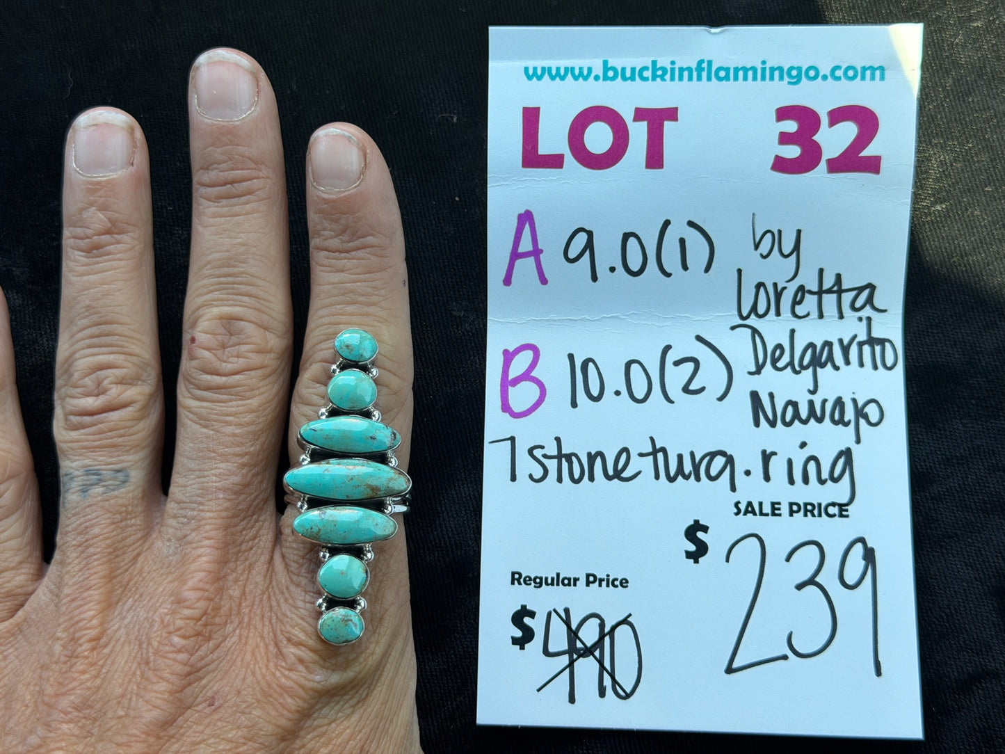 LOT 32 B 7/12 10.0 7 Stone Turquoise Ring by Loretta Delgarito, Navajo