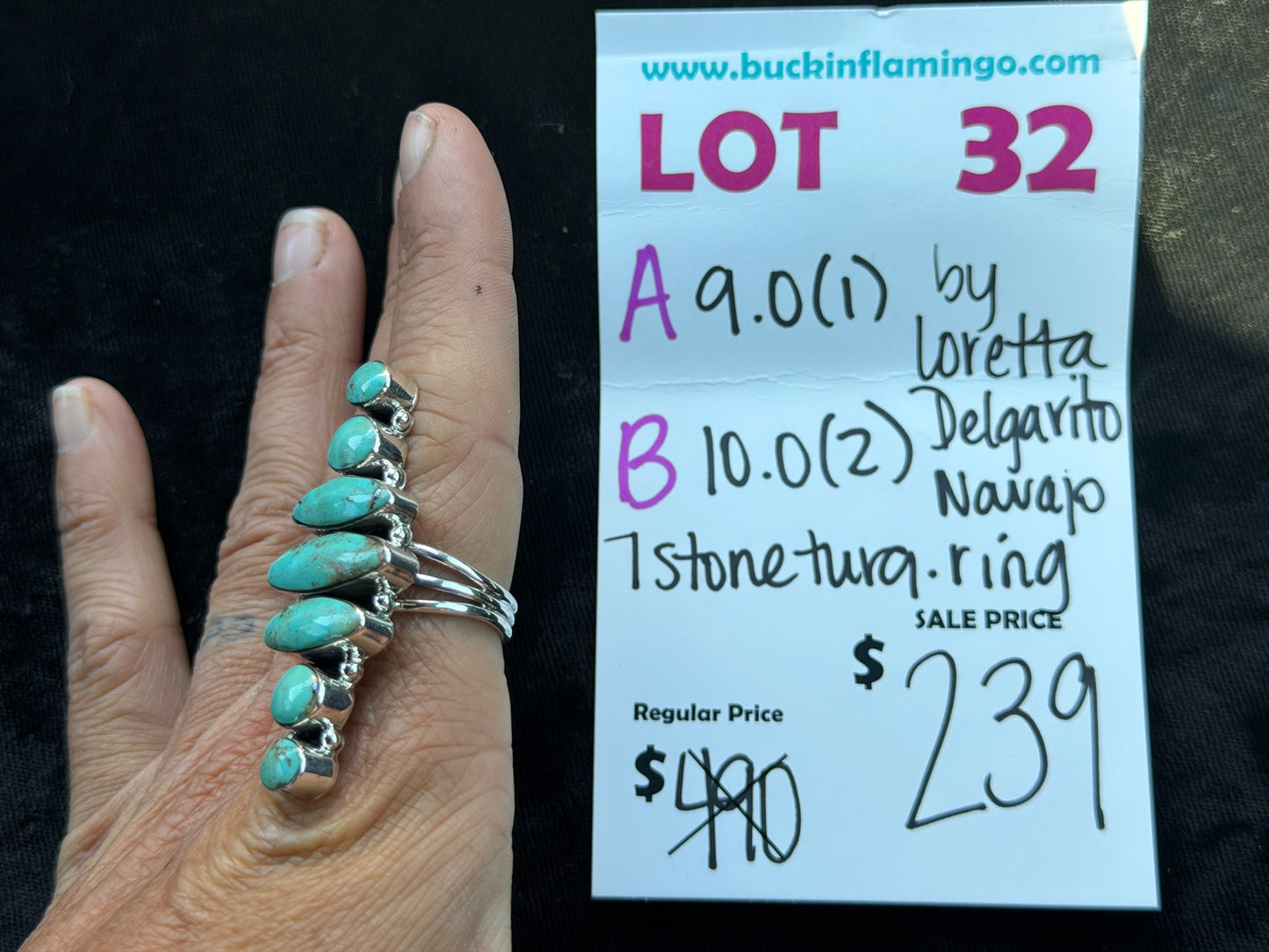 LOT 32 B 7/12 10.0 7 Stone Turquoise Ring by Loretta Delgarito, Navajo