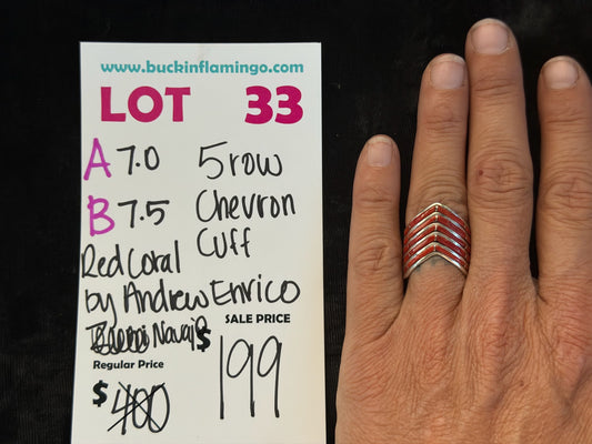 LOT 33 A 7/12 7.0 5 Row Chevron Cuff Red Coral by Andrew Enrico, Navajo