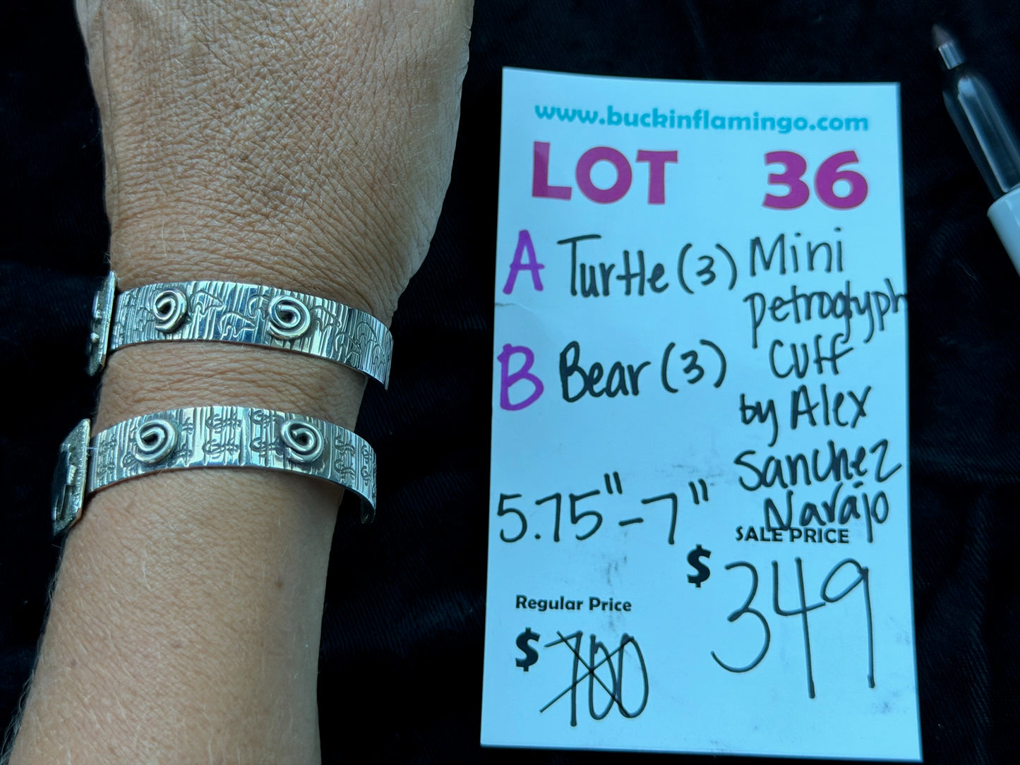 LOT 36 B 7/12 Bear Mini Petroglyph 5.75”-7” Cuff by Alex Sanchez, Navajo