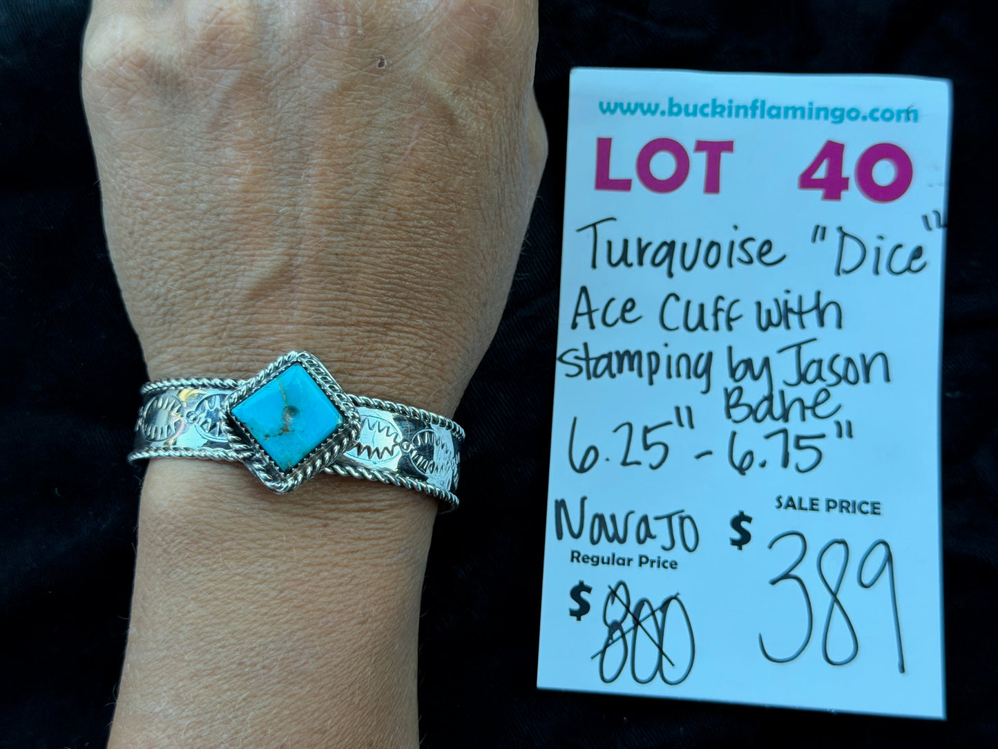 LOT 40 7/12 Turquoise “Dice” Ace Cuff with Stamping by Jason Bahe, Navajo 6.25”-6.75”