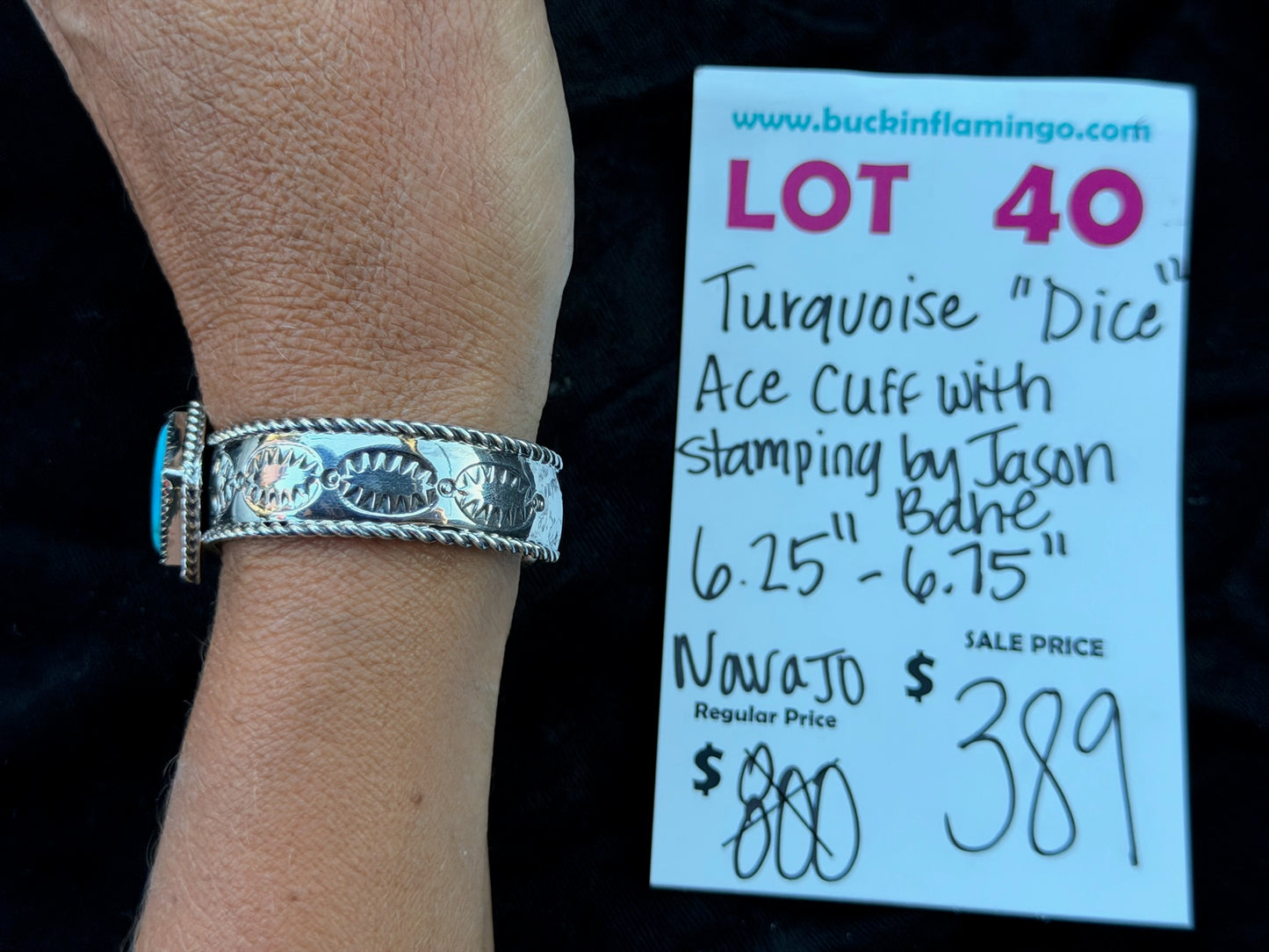 LOT 40 7/12 Turquoise “Dice” Ace Cuff with Stamping by Jason Bahe, Navajo 6.25”-6.75”