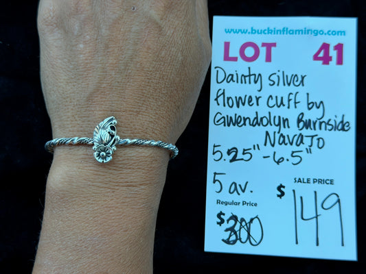 LOT 41 7/12 Dainty Silver Flower Cuff by Gwendolyn Burnside, Navajo
