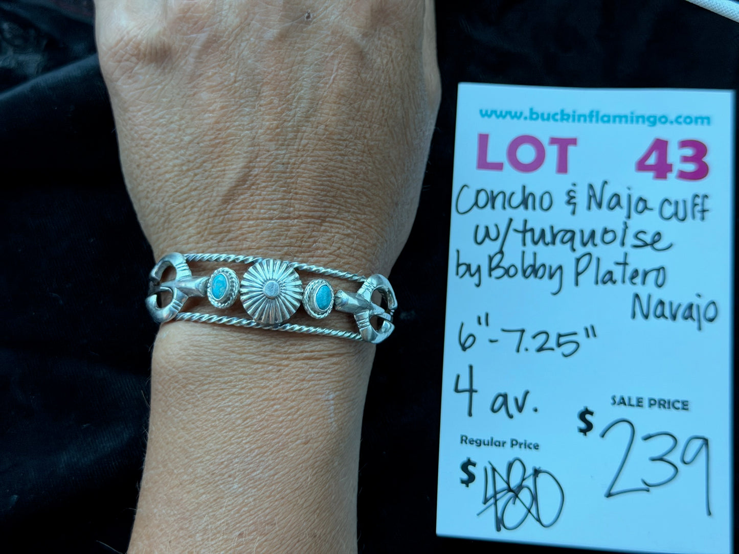 LOT 43 7/12 Concho & Naja Cuff w/Turquoise by Bobby Platero, Navajo 6”-7.25”