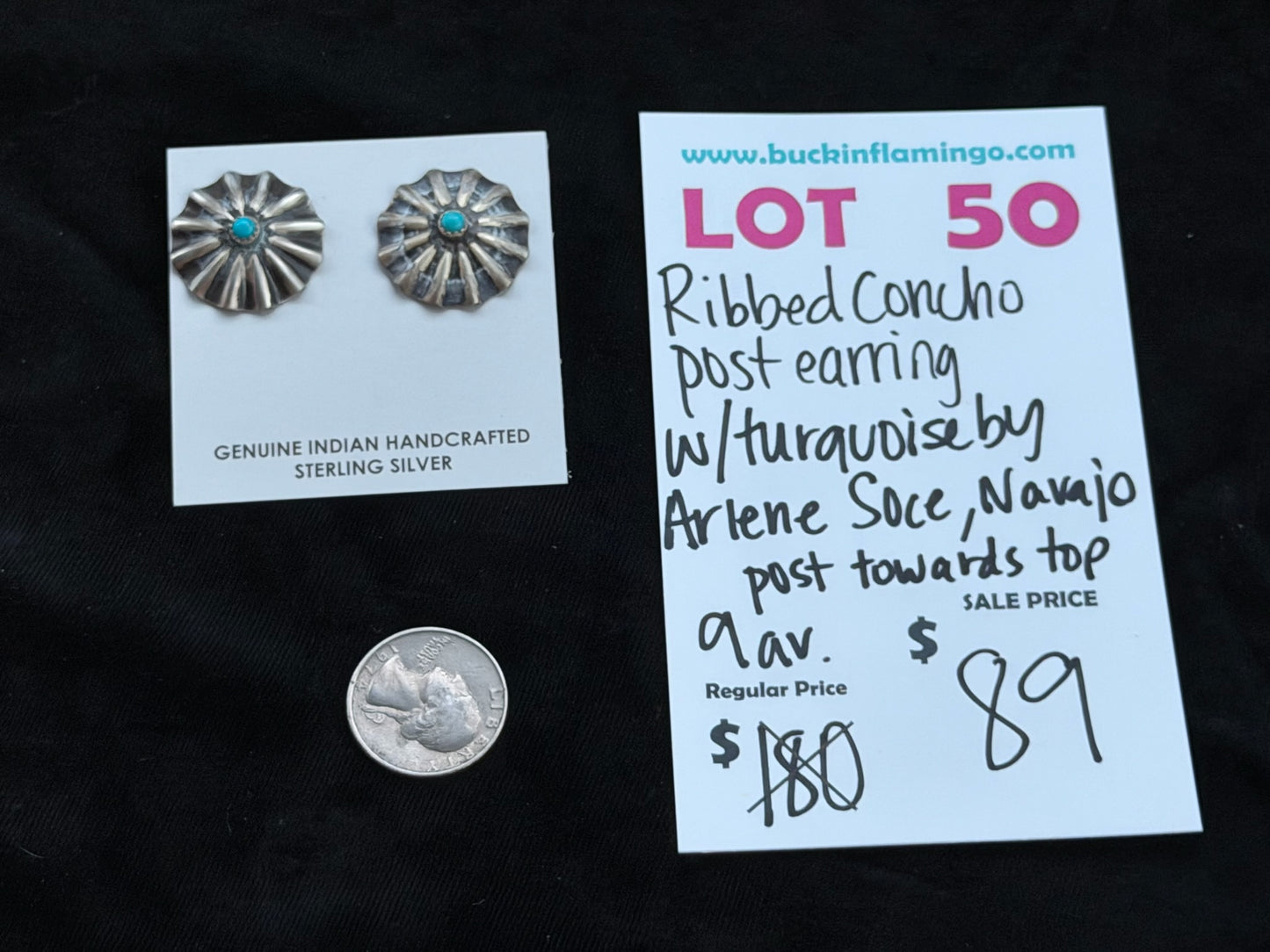 LOT 50 7/12 Ribbed Concho Post Earring W/Turquoise by Arlene Soce, Navajo Post Towards Top