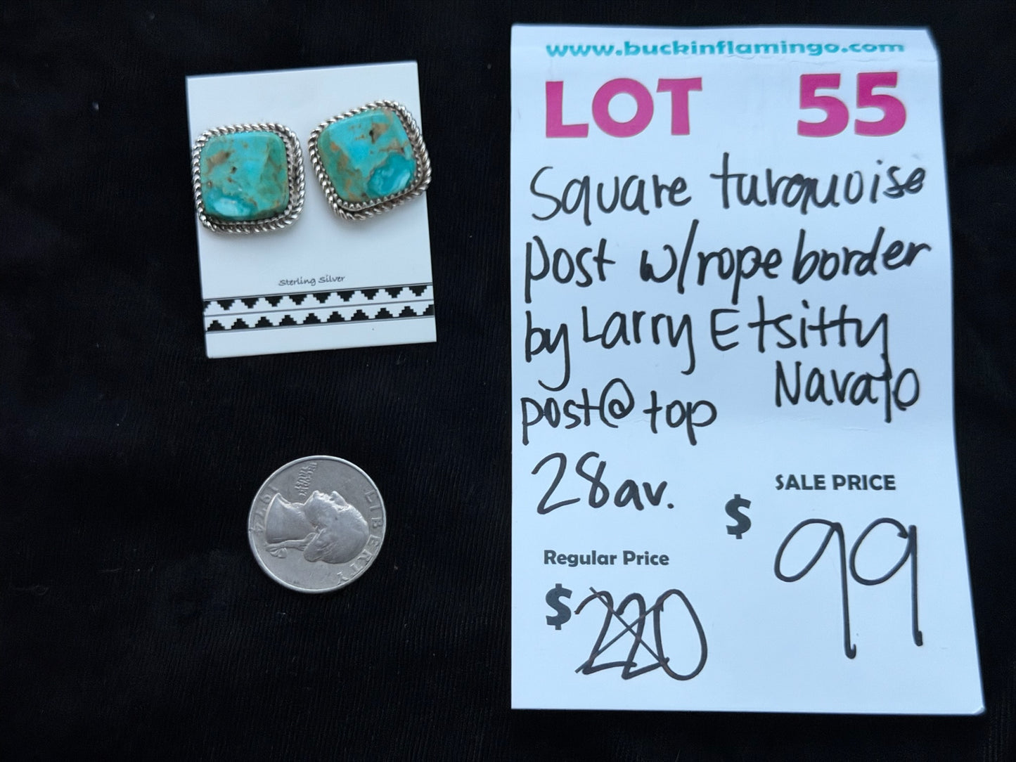 LOT 55 7/12 Square Turquoise Post w/ Rope Border by Larry Etsitty, Navajo Post @ Top