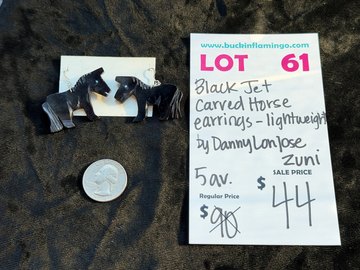 LOT 61 7/12 Black Jet Carved Horse Earrings-Lightweight by Danny Lanjose, Zuni