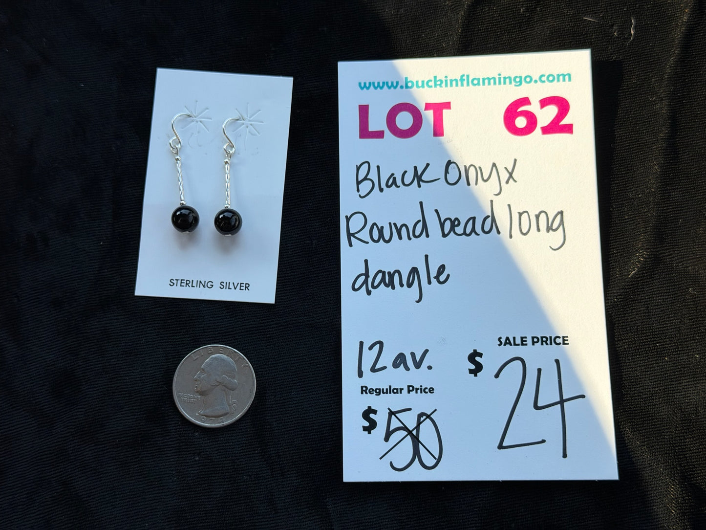 LOT 62 7/12 Black Onyx Round Bead Long Dangle